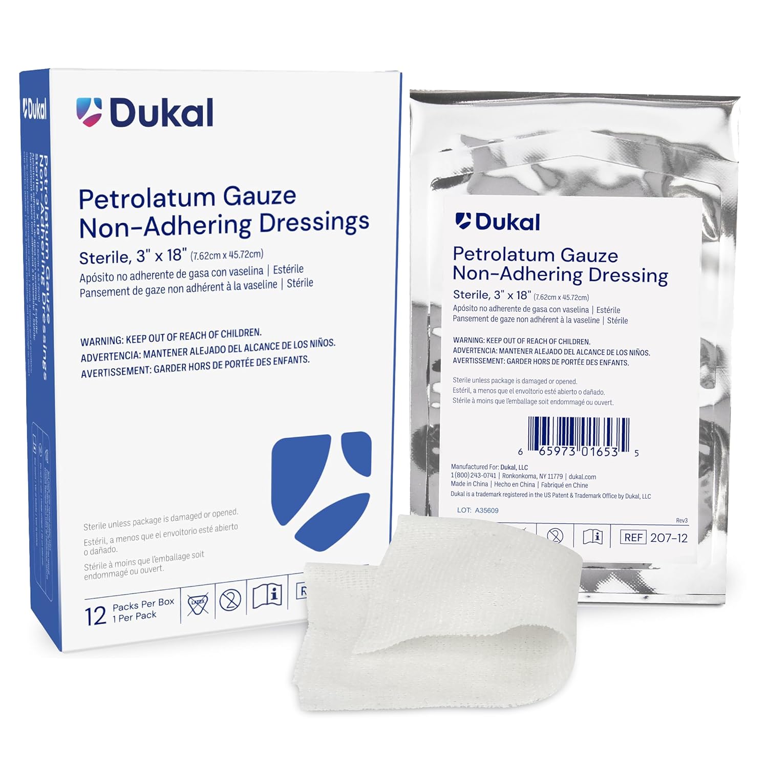Dukal 207-12 Petrolatum Gauze, Sterile, 3" Width x 18" Length, Pack of 12