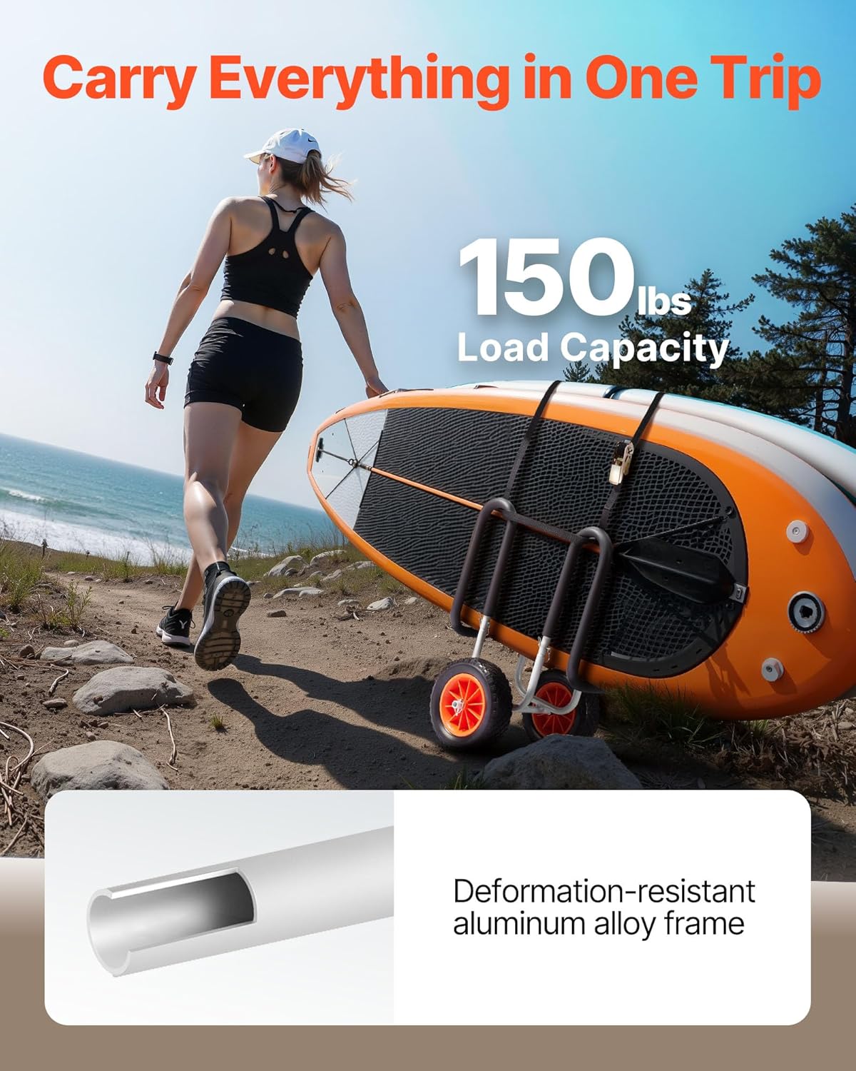 VEVOR Stand Up Board Cart, 150 lbs Surfboard Transport Cart, with 10-inch Solid Rubber Tires & Kickstands & Ratchet Strap for 2 Stand Up Paddle Boards & Surfboards