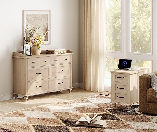 Miniatura 8 de WAMPAT Mesa auxiliar beige con estación de carga, mesa auxiliar estrecha con 1 cajón y 1 armario de almacenamiento, mesita de noche moderna de