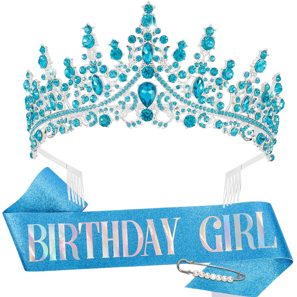 TOBATOBA Birthday Sash Birthday Crowns for Women Girls, Birthday Girl Sash and Tiara Set, Blue Birthday Crown and Sash for Women, Princess Birthday Decorations for Girls Birthday Gifts for Girls