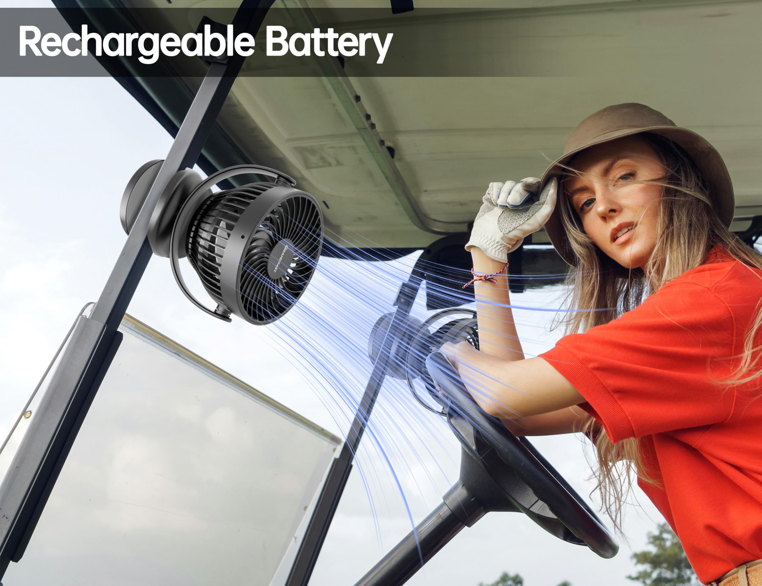 Golf Cart Rechargeable Fan Compatible with EZGO Club Car Yamaha, Golf Palyer Summer Essential 3 Powerful Speeds Clip on Fan with 360° Pivot, 13 Hrs Run Cordless, Battery Operated for Golf Cart