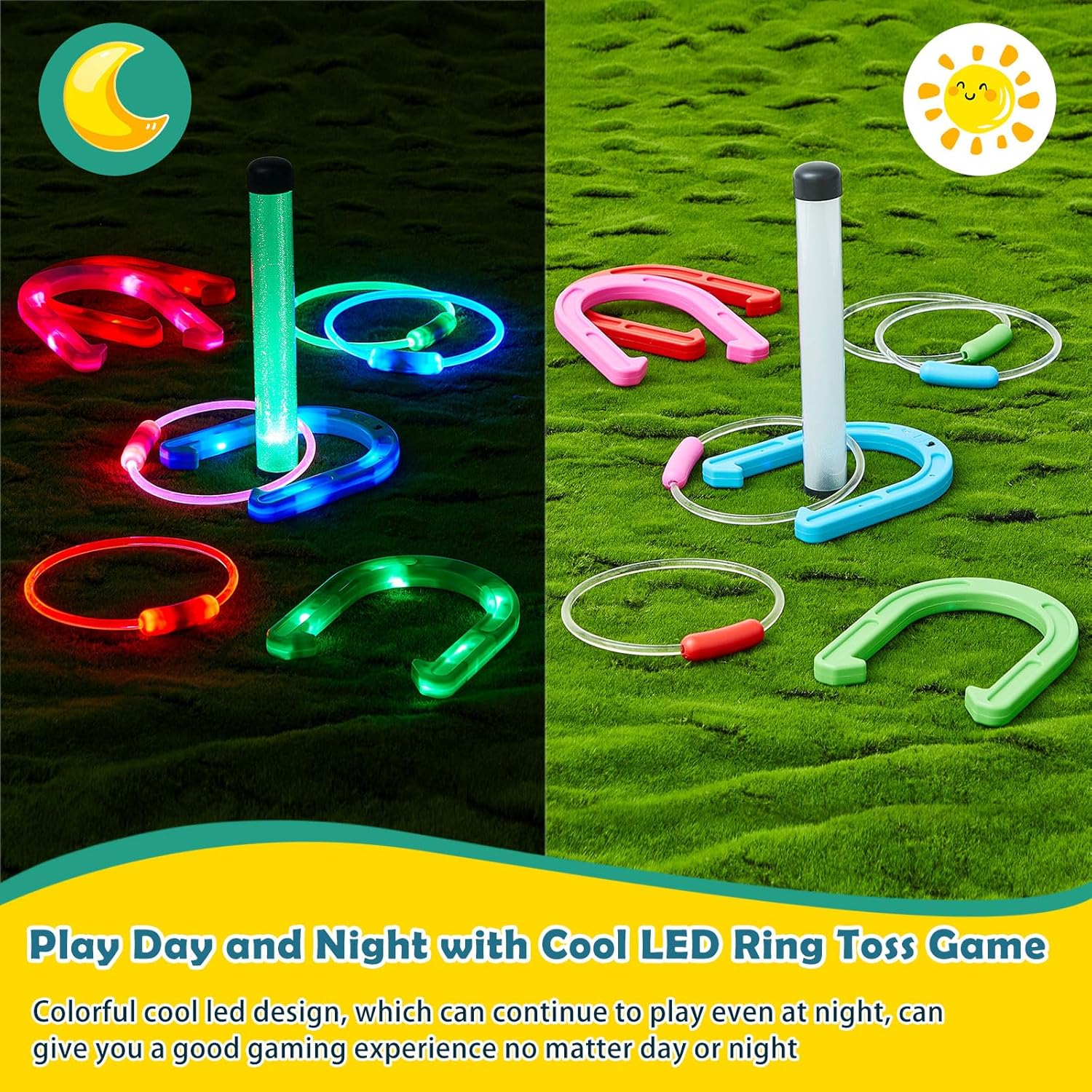 Liliful 20 Pcs Outdoor Ring Toss Game Ring Toss Glow in Dark Games with LED Yard Game Outdoor Games for Family Adults Lawn Backyard Camping Glow Party