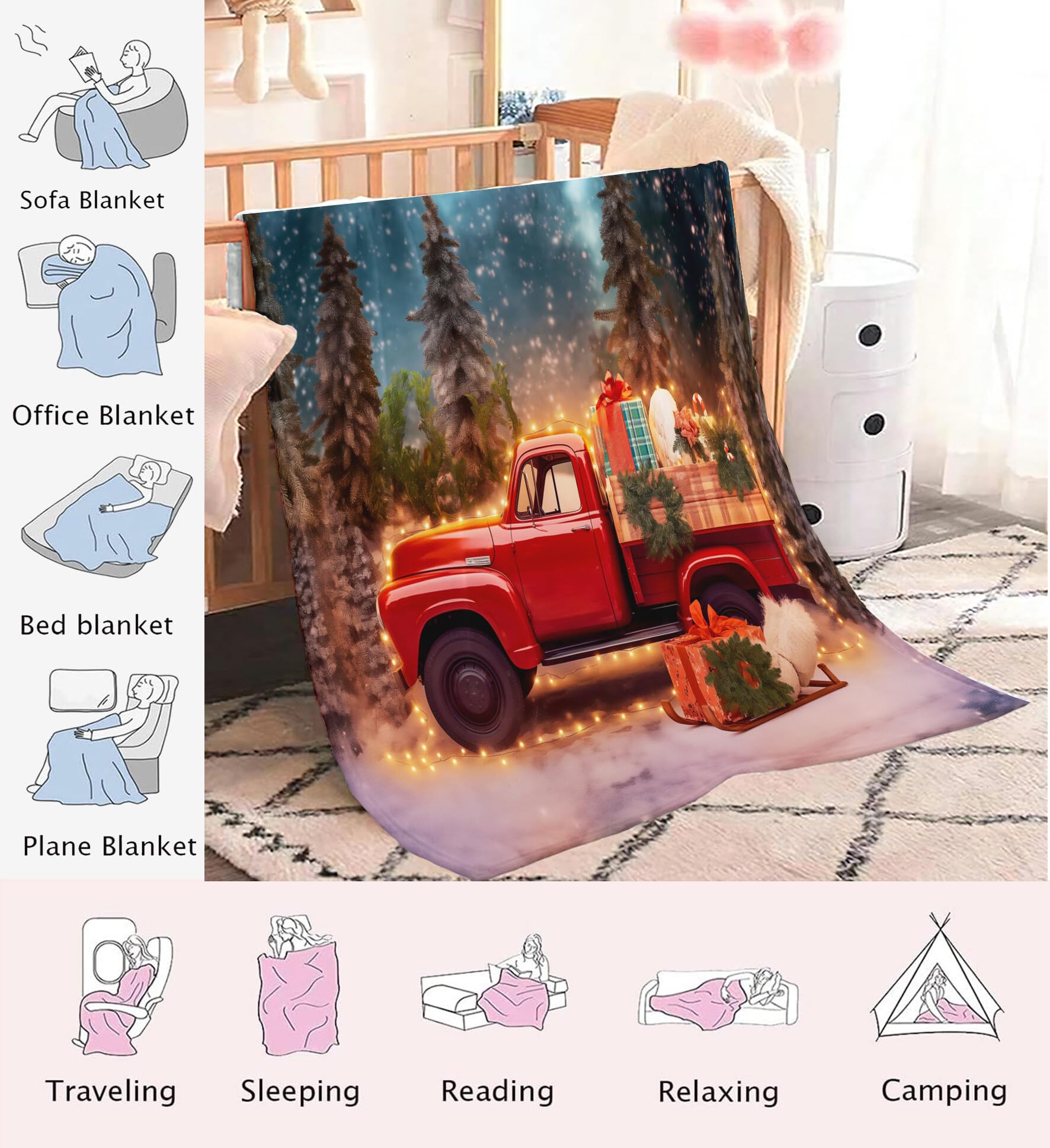 Manta De Navidad Rojo Verde Camión Pino 220X240Cm Suave Cálida Y Peluda Decoración Navideña,Acogedora Paisaje del Festival Adolescentes De Adultos para TV Sofá En Vacaciones