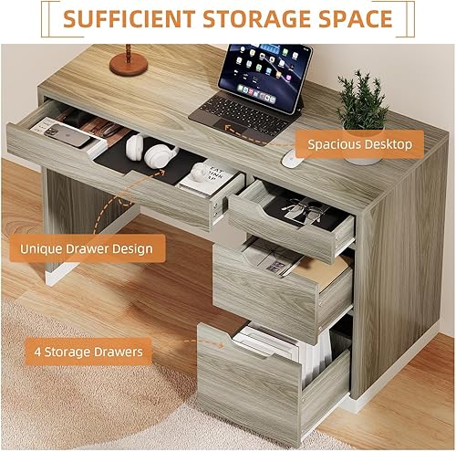 Miniatura 3 de Escritorio pequeño de 48 pulgadas con cajones, escritorio de nogal con almacenamiento, escritorio de estudio con archivador para dormitorio