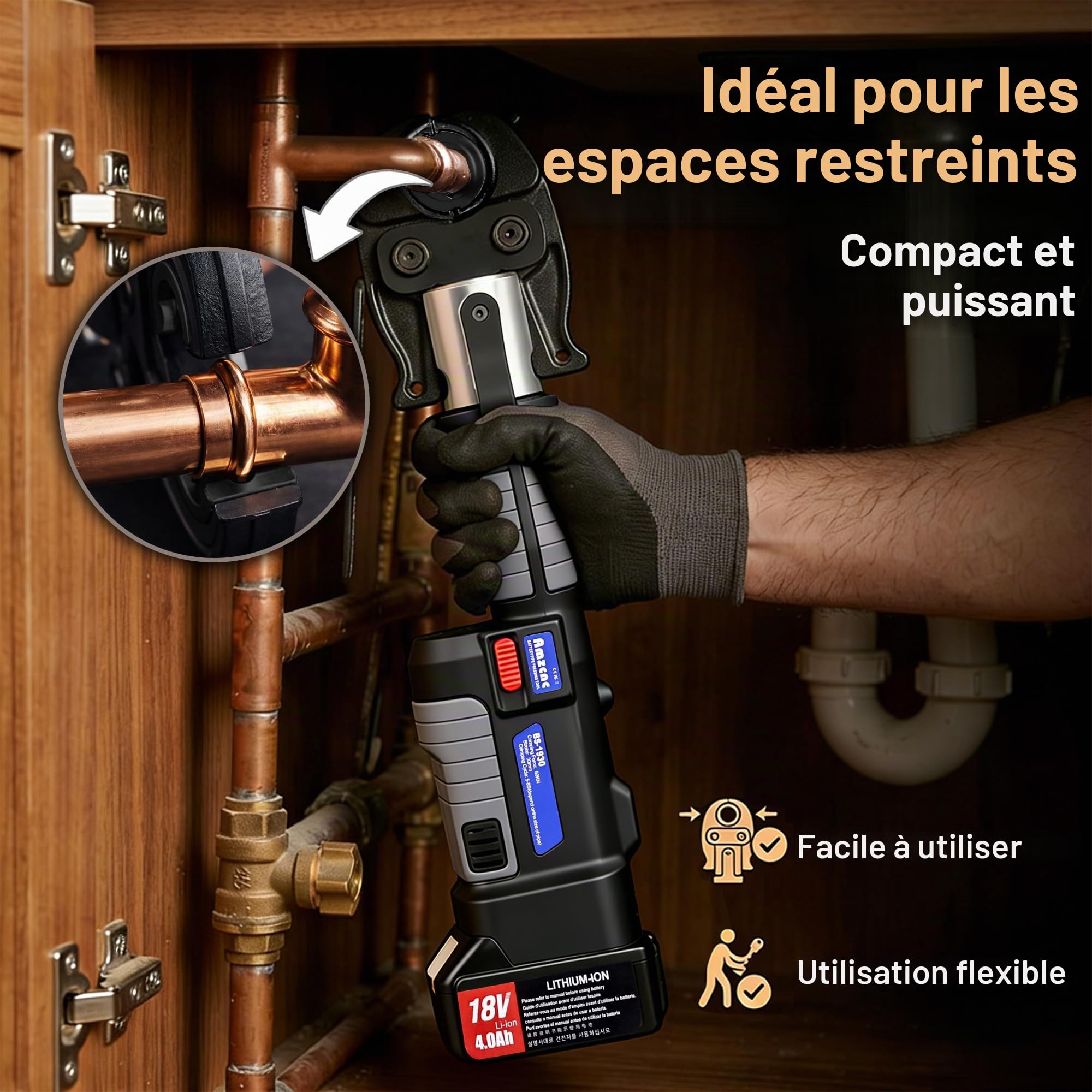 AMZCNC Pince à sertir électrique hydraulique sans fil avec contour TH U V - 14 inserts pour tube multicouche en cuivre - Tête de sertissage légère pour les espaces restreints - Tête de sertissage