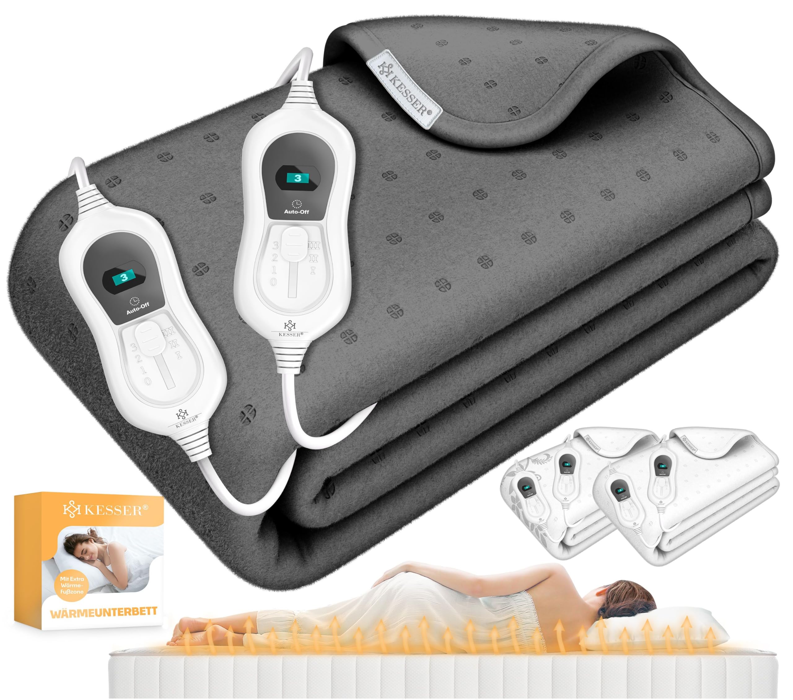 KESSER® Manta térmica calefactable con mando a distancia de apagado automático, 3 niveles de temperatura, manta térmica para calentar el colchón, Anthrazit - Ohne Muster, 160x140cm, Fibra de poliéster