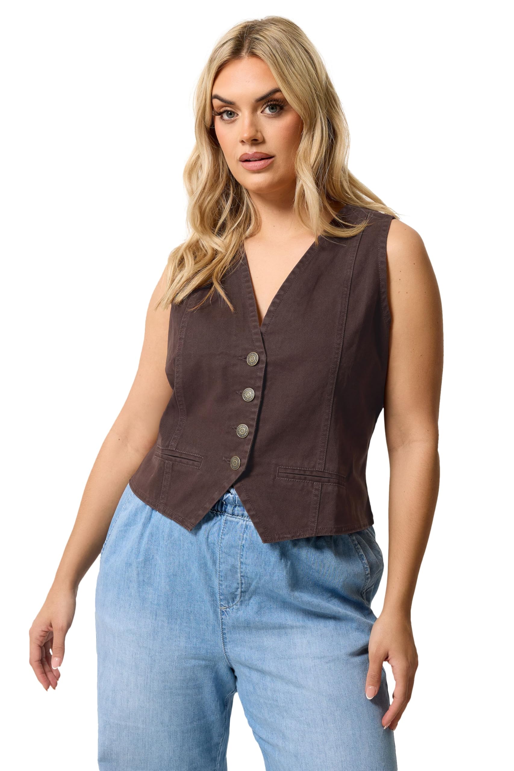 Yours Women's Chocolate Denim Waistcoat In Size 22-24