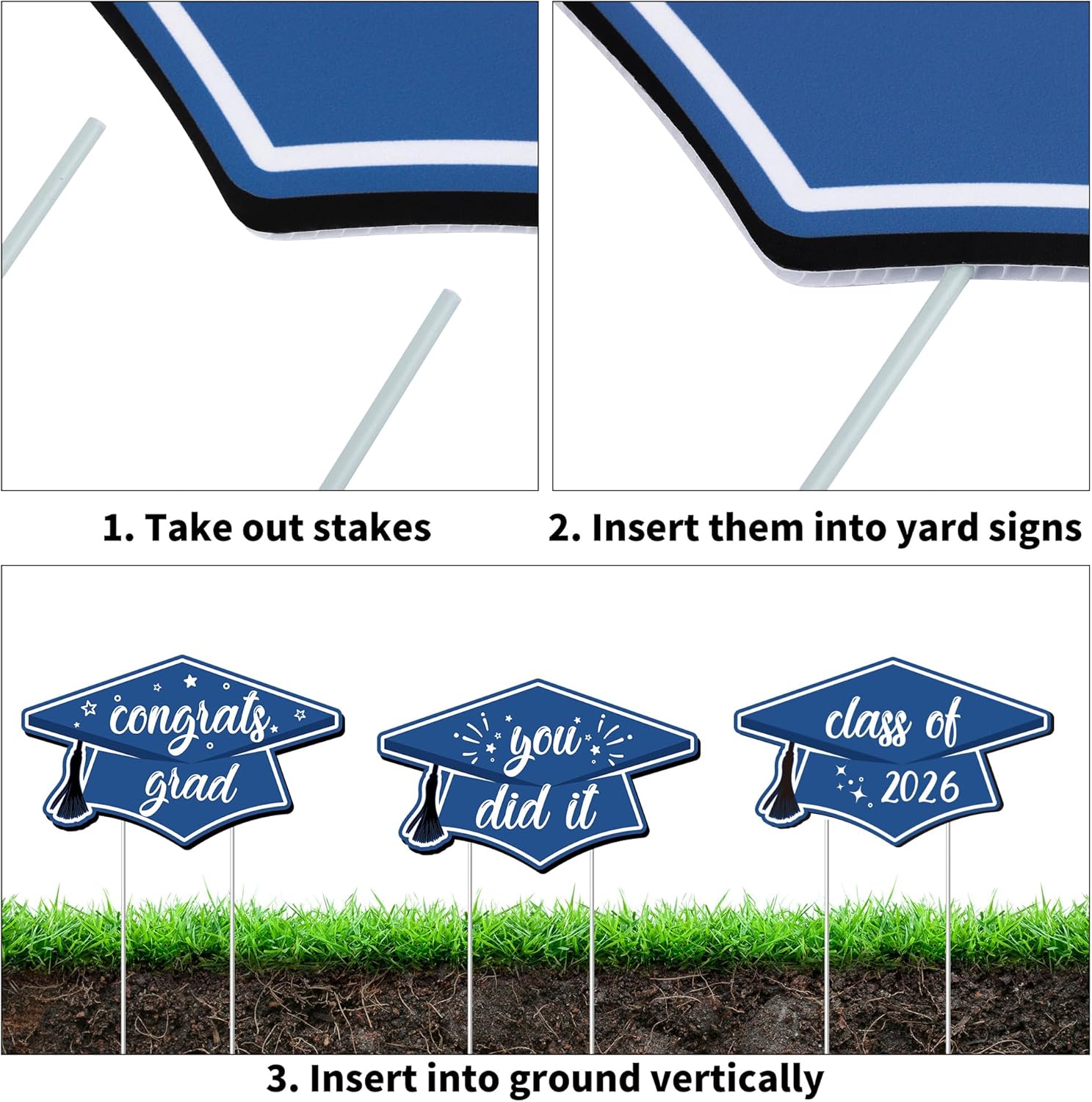 Aneco Waterproof 2026 Grad Yard Signs Plastic Graduation Yard Signs Party Outdoor Lawn Decorations 16 Inches Glitter Congrats Grad Lawn Sign with Stakes for Outdoor Party Garden Decor (Blue)