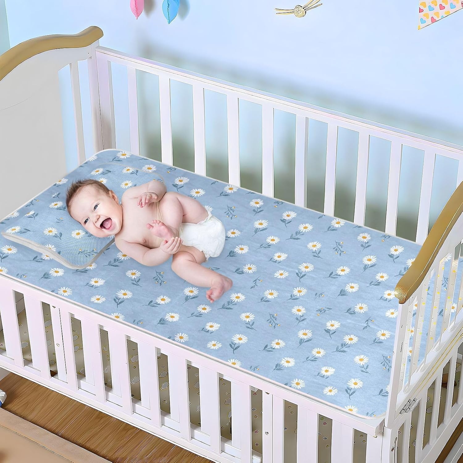 White Daisy Flower Pastel Blue Cooling Baby Mattress Protector 28" x 52" Washable Pads for Kids for Baby&Toddler
