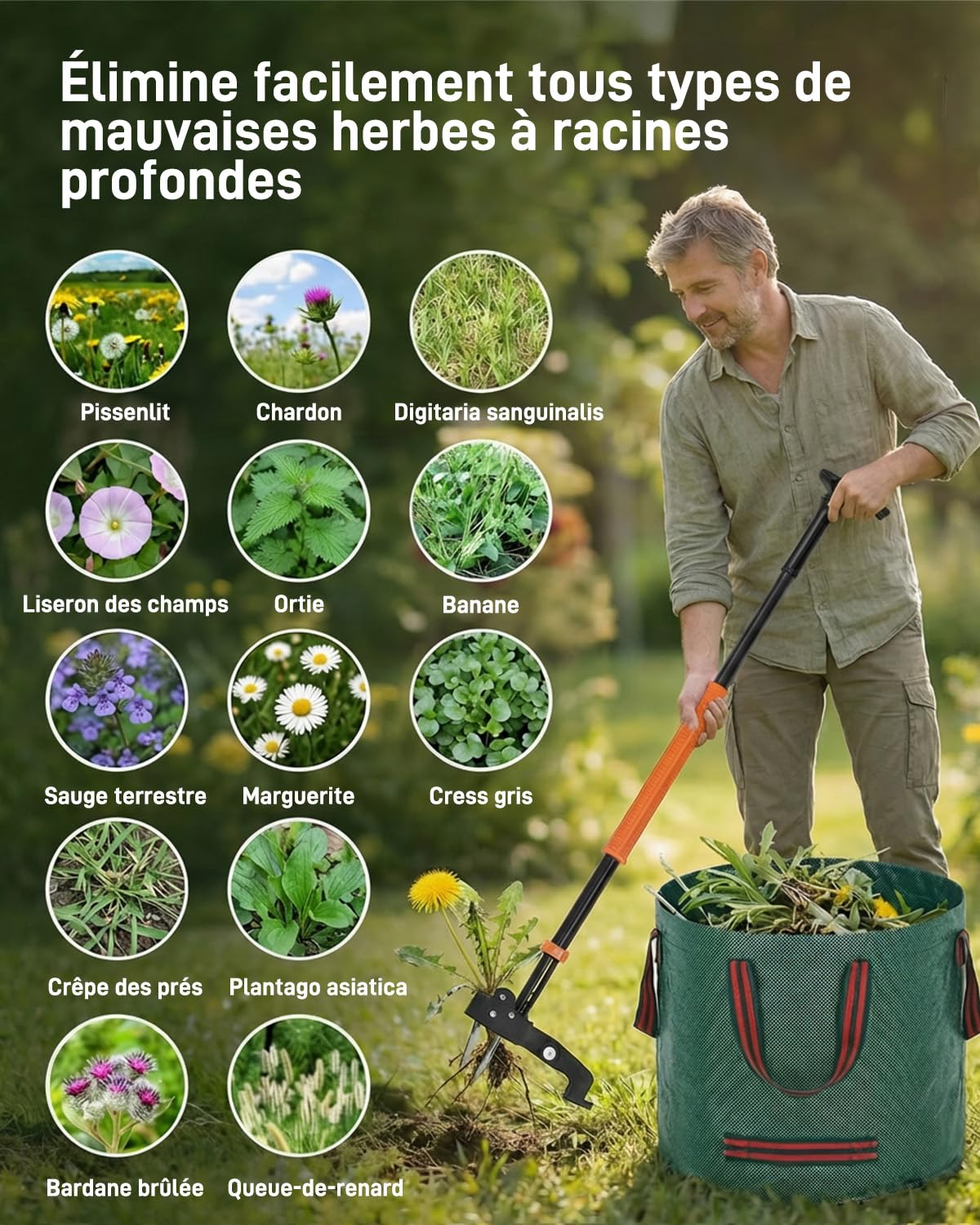 HAUSPROFI Désherbeur Manuel Extracteur (91-118 cm), Arrache-Mauvaise Herbe avec Sac de Jardin 50 L, Arrache-Pissenlit Équipé de 4 Griffes Métalliques et d'une Pédale, Rétractation Automatique