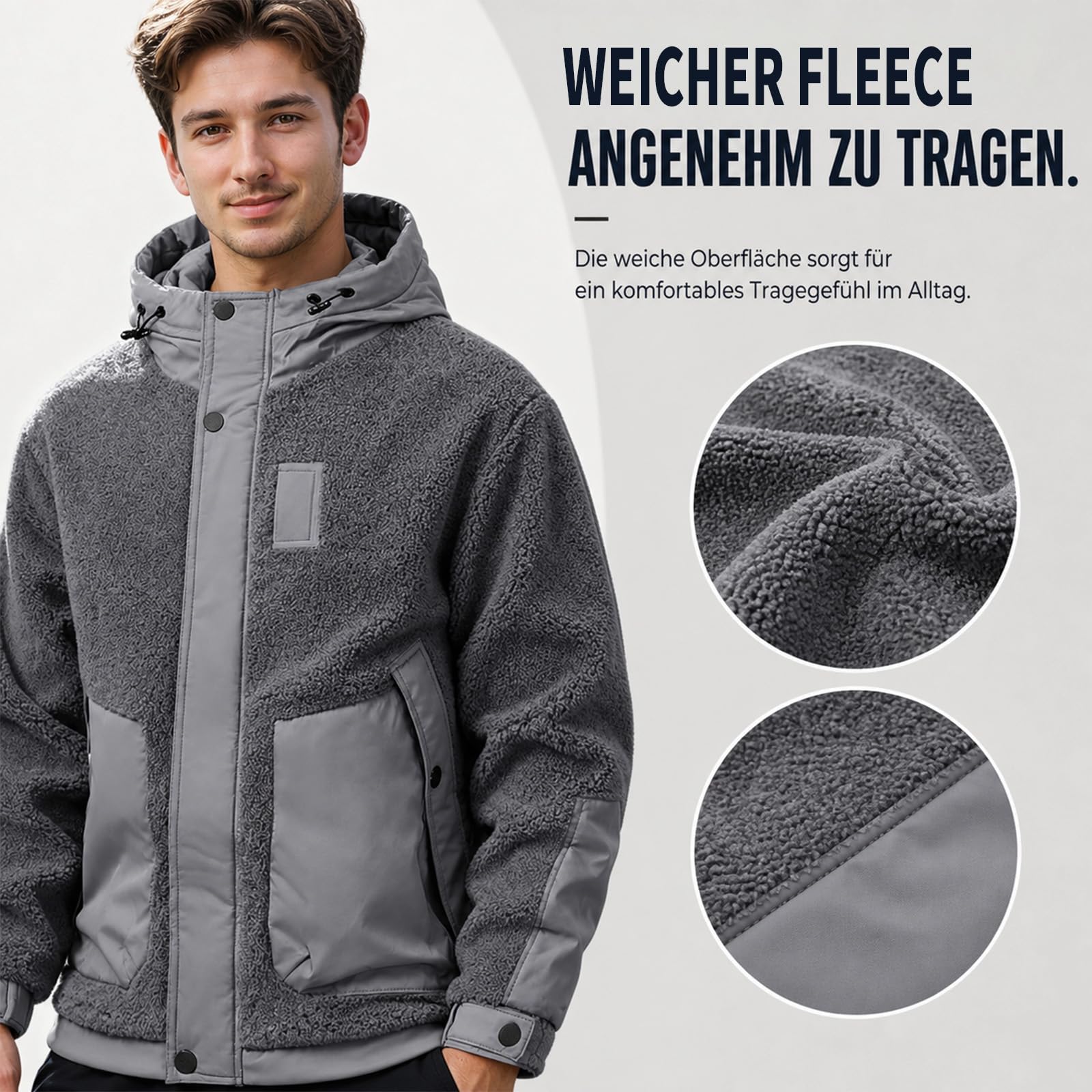 Fleecejacke Herren Outdoor Fleecejacken mit Kapuze Reißverschluss Teddy Jacke Dicker Stoff Wanderjacke für Herbst und Winter Softshelljacke Übergangsjacke für Wanderungen und Outdoor-Abenteuer