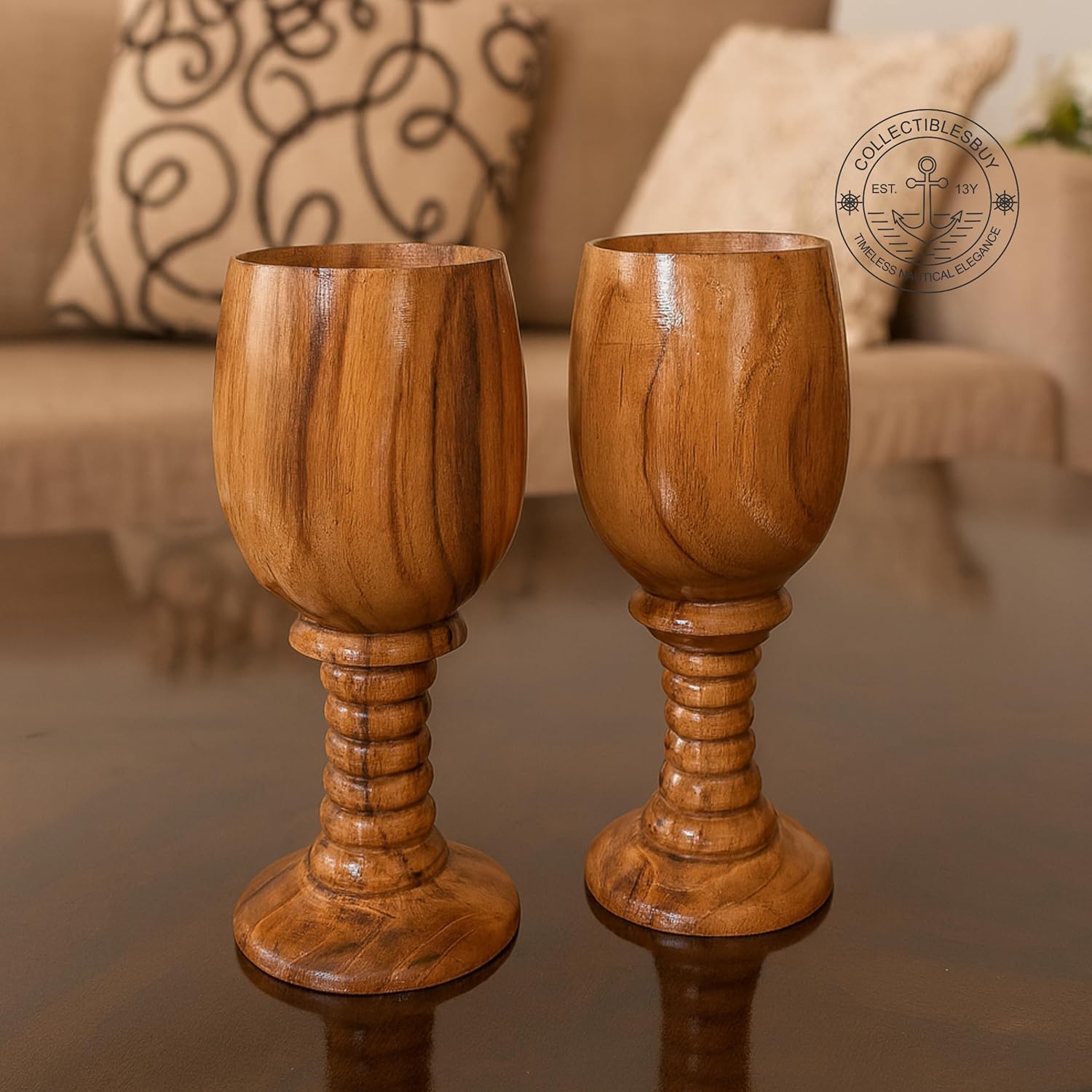 Wine Chalice Pair – Vintage Style Handmade Wooden Wine Glasses, Toasting Goblets, Drinking & Dining Cups, Perfect for Gifting Collection