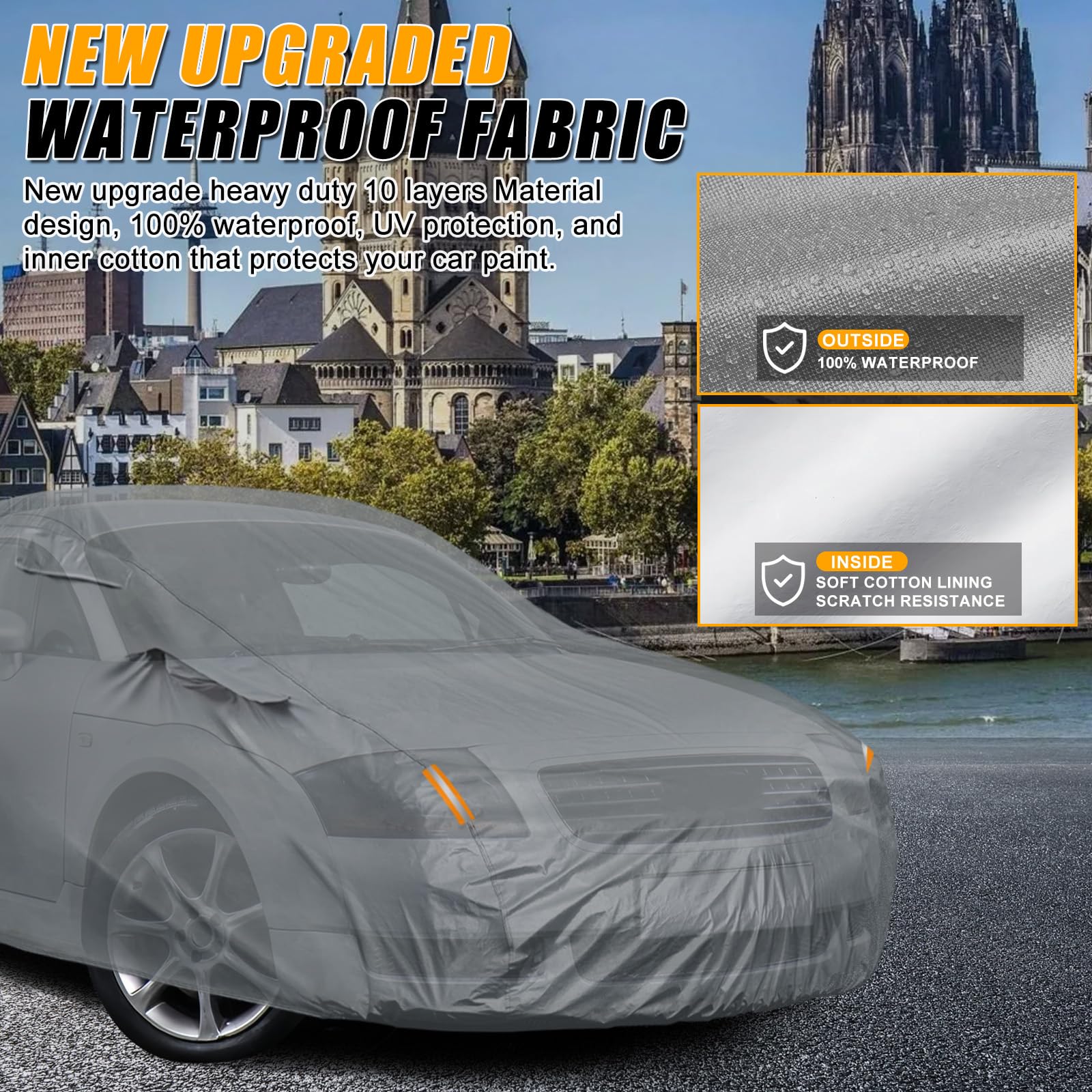 Autoabdeckung Wasserdicht für 1998-2006 Audi TT 8N, Vollgarage Autoplane | Auto Abdeckplane Winter Sommer Allwetter Outdoor Abdeckung mit Reißverschluss Tür, Windschutzbänder, Grau