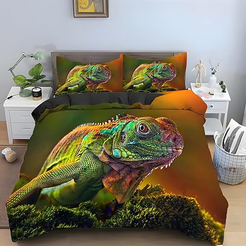 Juego de funda de edredón tamaño individual de iguana naranja y verde con estampado de animales, funda de edredón de microfibra suave y 2 fundas de