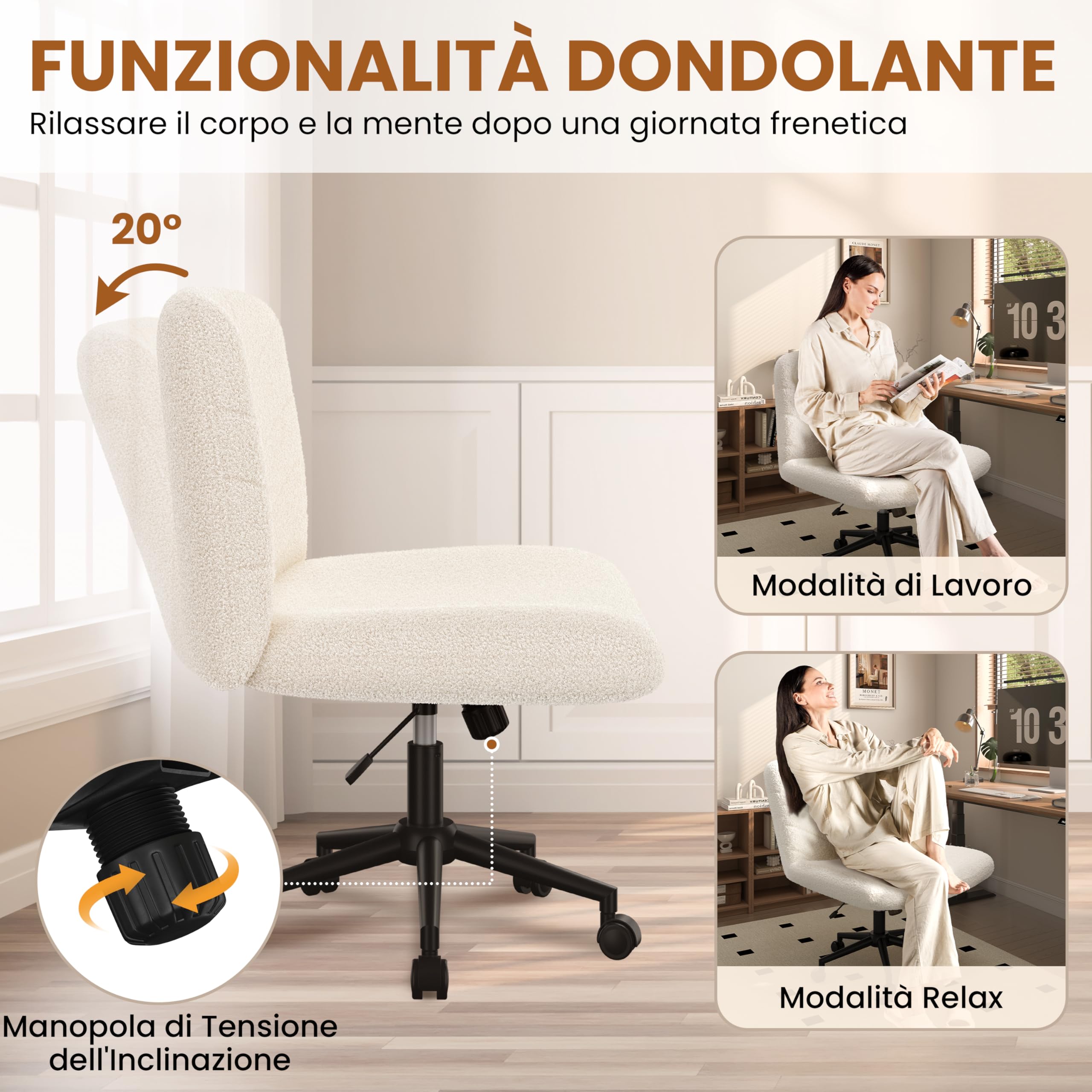 Yaheetech Sedia Ufficio Scrivania Girevole con Ruote Senza Braccioli in Tessuto Schienale Reclinabile con Ampio Cuscino Altezza Regolabile, per Studio Camera, Avorio