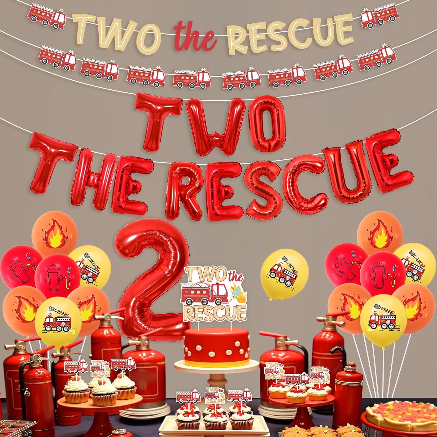 Fire Truck 2nd Birthday Decorations Two The Rescue Birthday Decor Balloon Banner Fire Truck Birthday Cake Topper Emergency Vehicle Transportation Bday Supplies for Boy Second Bday