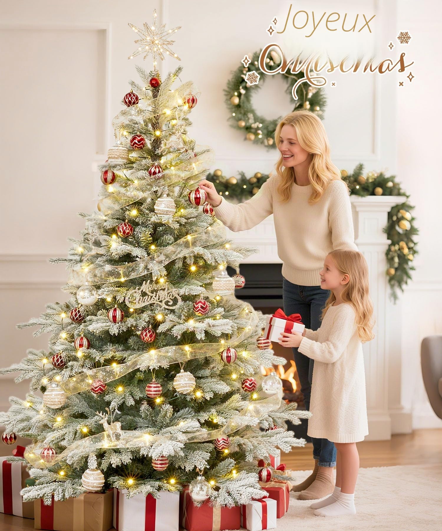 Yorbay Sapin de Noël Artificiel avec Flocons de Neige 180 cm, Sapin de Noël Artificiel en PE et PVC avec Support en Fer, pour décoration de Noël, Convient comme décoration pour la Maison