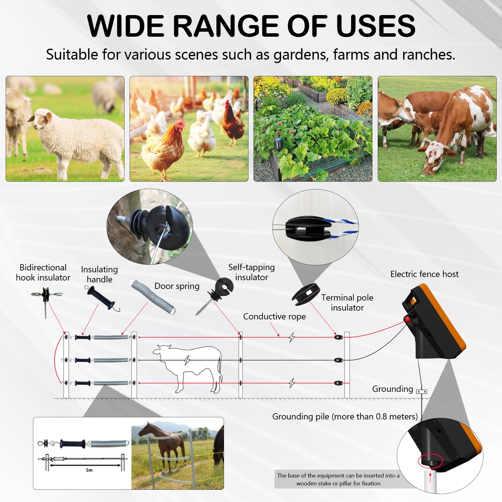 Cercas Eléctricas, Energizador Solar Para Cercas Eléctricas 8Kv 0.2J Energizador Para Cercas Eléctricas 1.5Km Para Aves Corral Panel Solar 3W Batería Litio 10400Mah IP55 Resistente Intemperie
