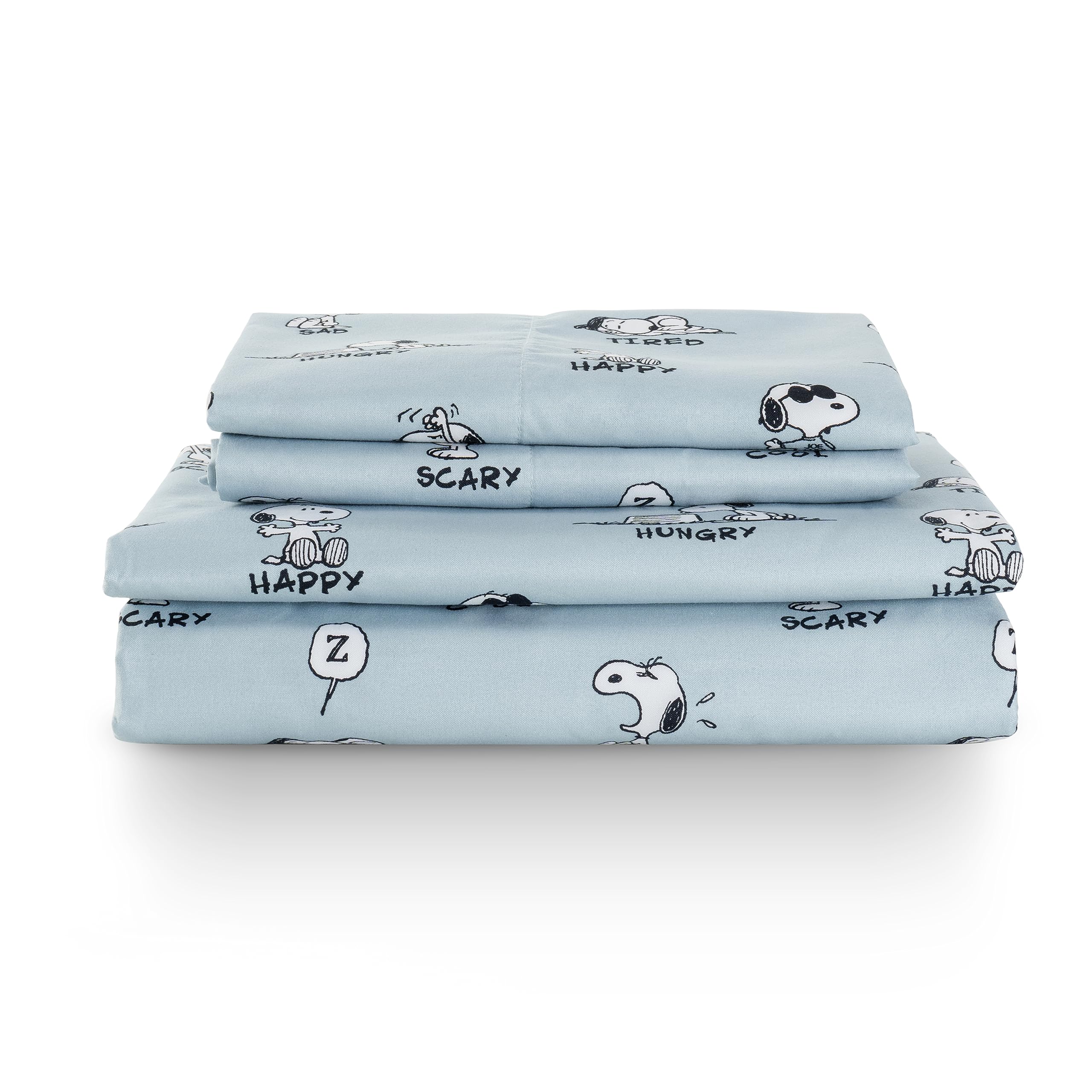 Berkshire Blanket Peanuts® Kids Sheet Set Full Size - 4 Piece,Cute Character Snoopy Printed Soft Microfiber Bed Sheets,Peanuts Snoopy Different Emotion Sheet Scale Murky Blue