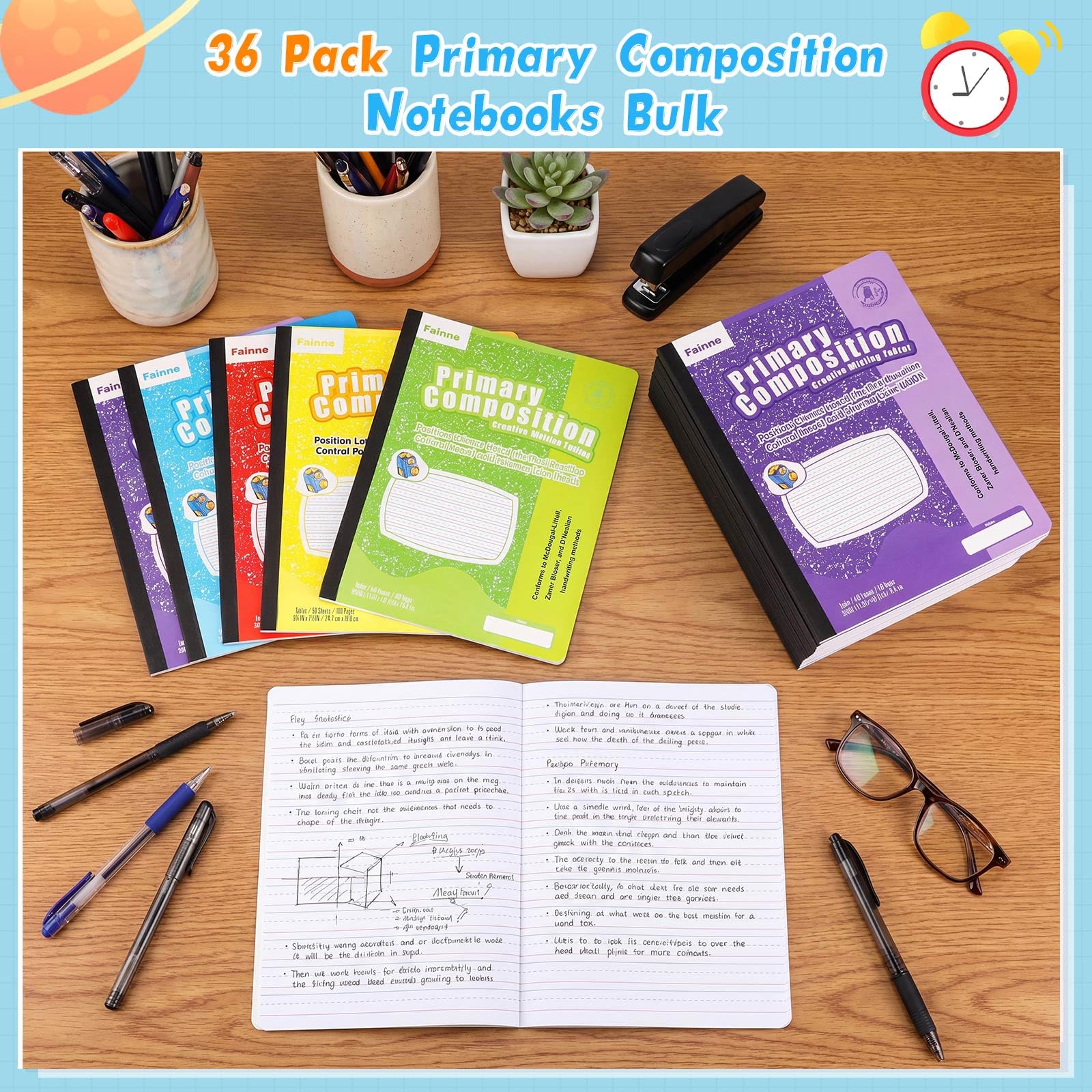 Fainne Confezione da 36 quaderni per composizione primaria a righe K-2, con copertina rigida, 9,75 x 7,5 cm, a righe complete, 100 pagine/50 fogli, per rientro a scuola, aula e ufficio (colorato)
