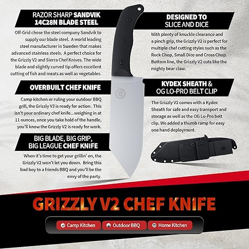 Miniatura 6 de Off-Grid Knives - Cuchillo de chef Grizzly V2 con acero inoxidable Sandvik 14C28N, funda Kydex y clip para cinturón, escalas G10, apertura de