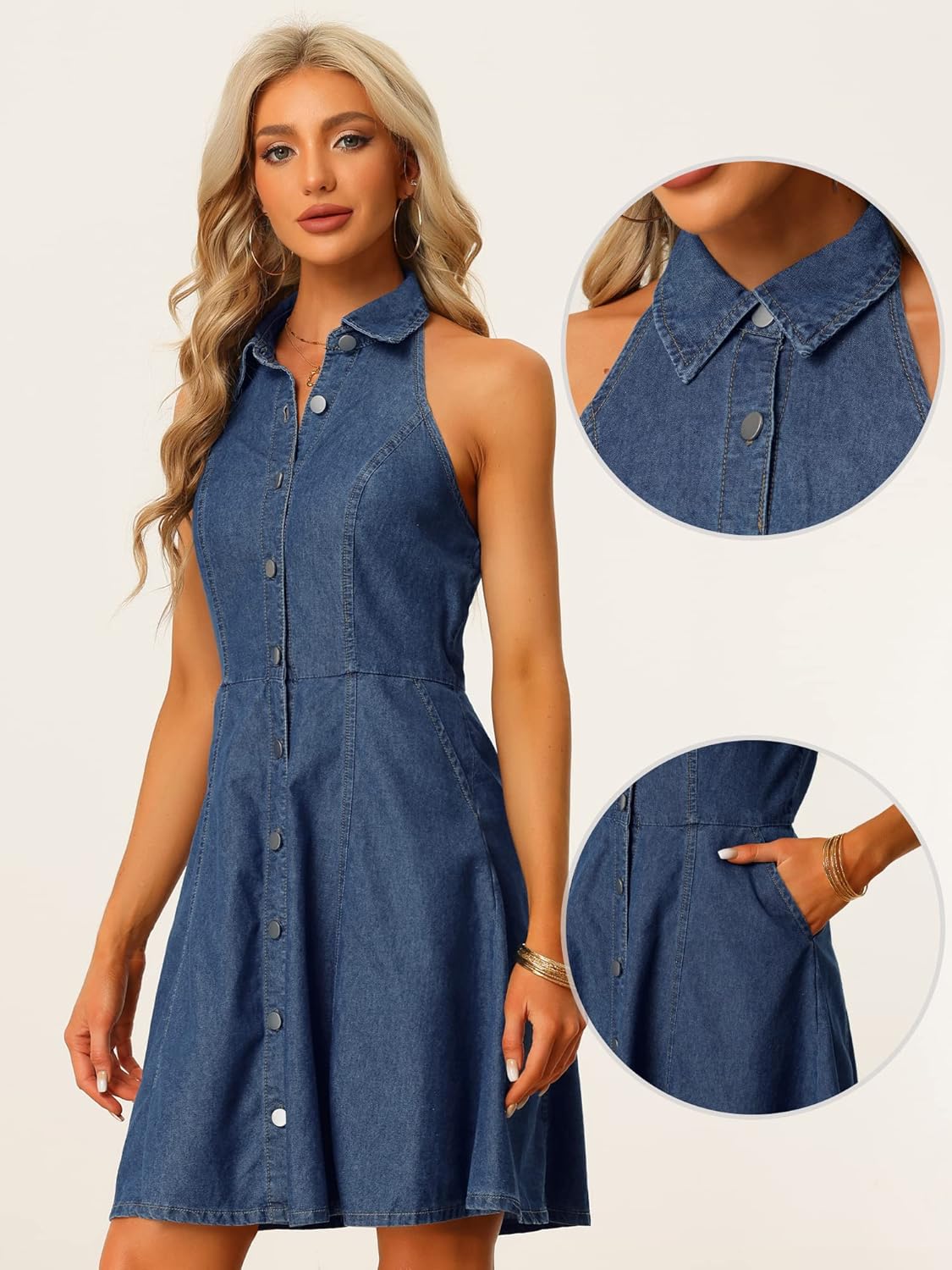 Allegra K Lightweight Denim Dresses for Women's Button Down Sleeveless Halter Neck Jean Dress - Image 2