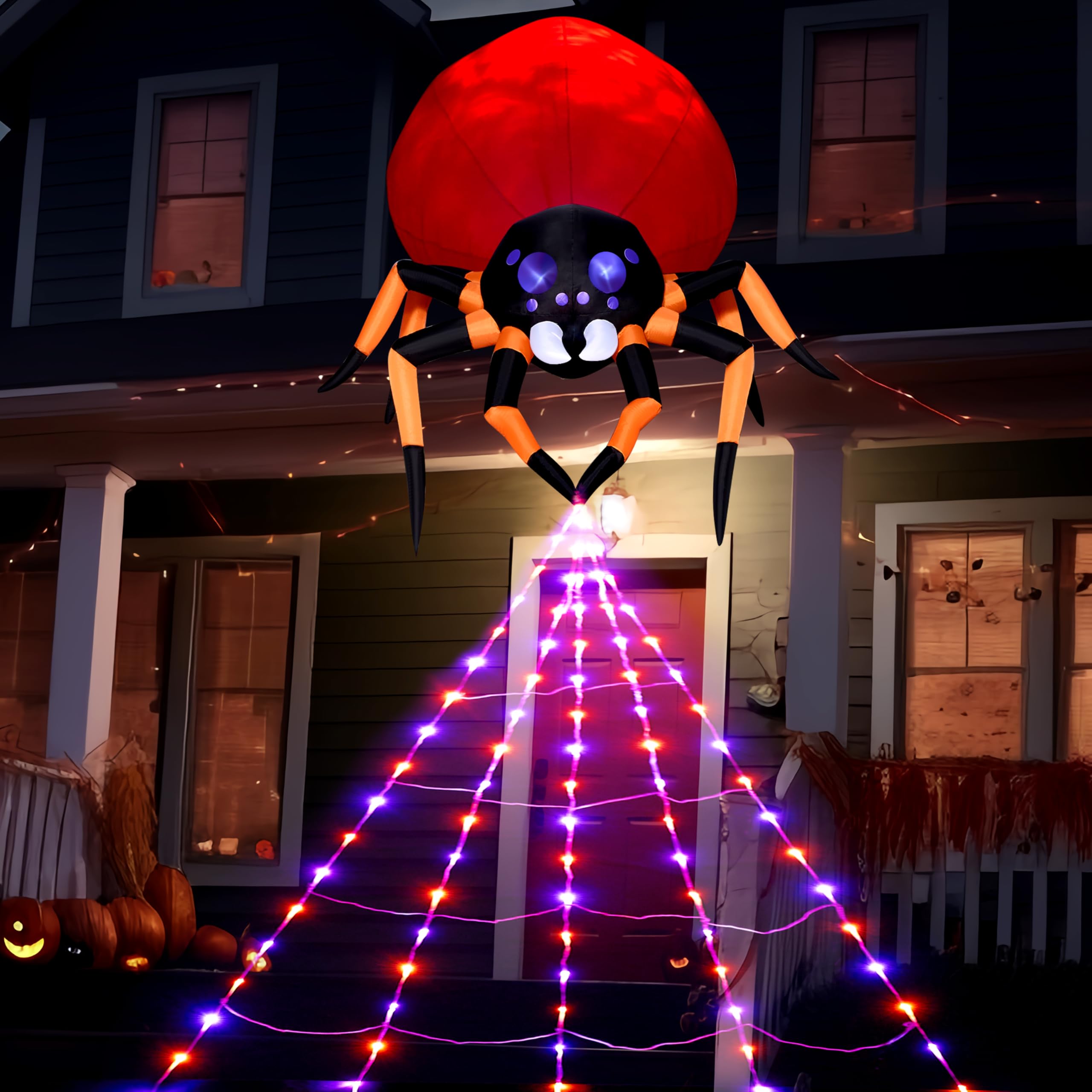 JOIEDOMI 8 Fuß aufblasbare, hängende Halloween-Spinne mit Spinnennetz-Lichtern und eingebauten LEDs. Ideal als Party-Dekoration für Halloween drinnen und draußen im Hof, Garten oder auf dem Rasen.
