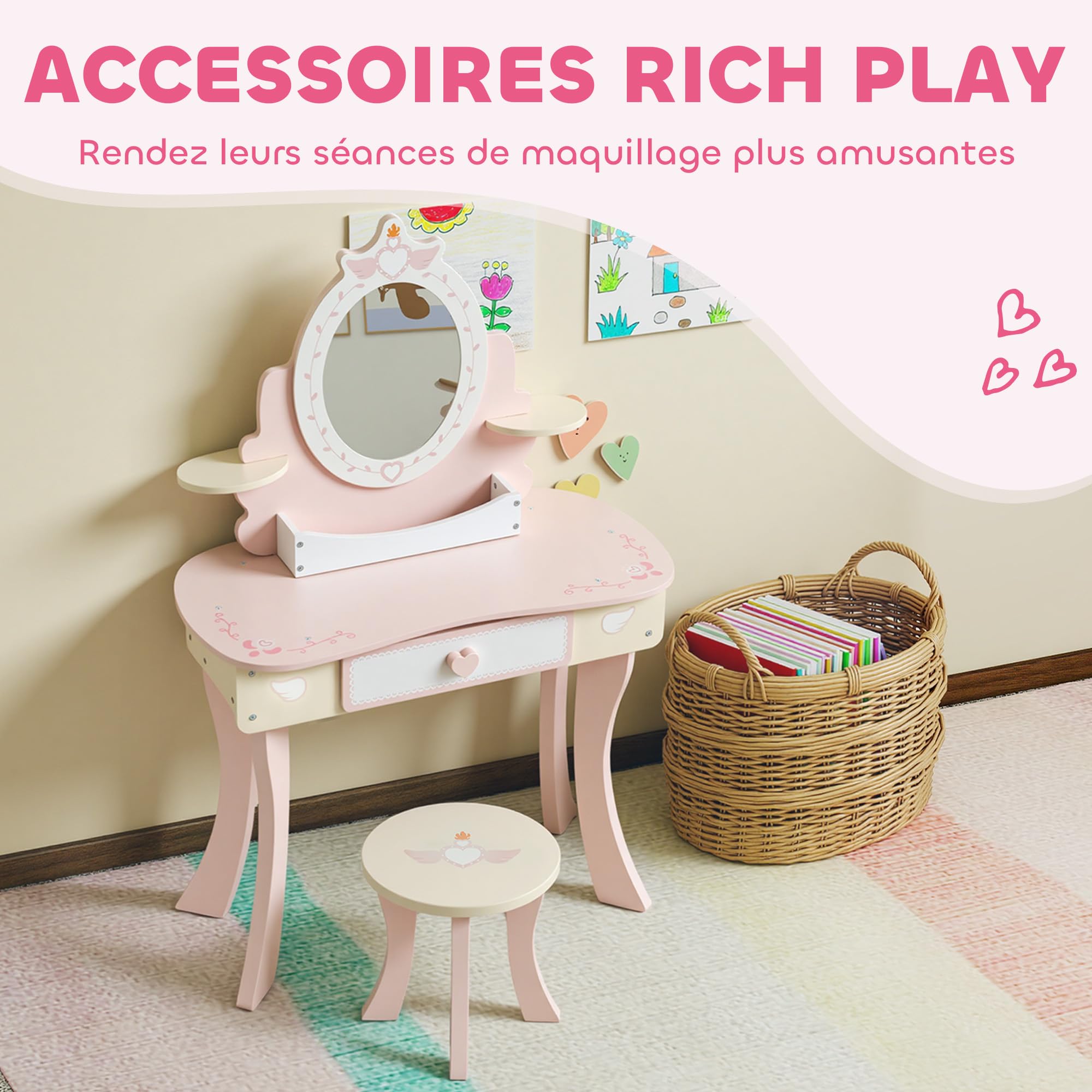AIYAPLAY Coiffeuse Enfant Fille 2 en 1 avec 7 Accessoires de Jeu, Table de Maquillage avec Miroir en Acrylique, Tabouret, tiroir et Compartiment Ouvert, 59,8 x 29,6 x 89,8 cm, Rose