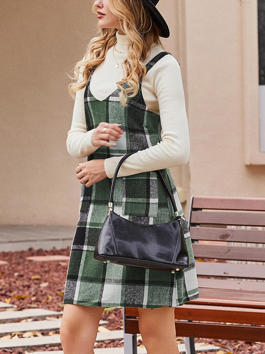 CUPSHE Fall Dresses for Women V Neck Plaid Sleeveless Wide Strpas Pockets Casual Pinafore Mini Overall Dress - Image 4