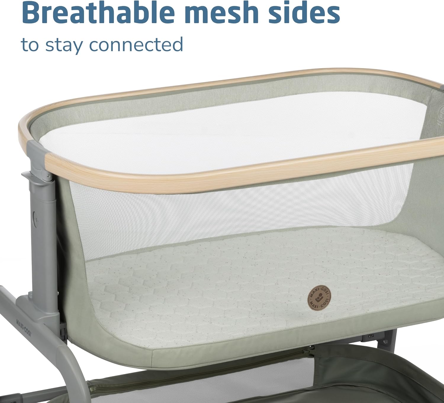 Maxi-Cosi Iora Baby Bassinets Bedside Sleeper, Portable Bassinet, Infant Bedside Sleeper Crib, Height Adjustable, Breathable Mesh, Large Storage Basket, Classic Green