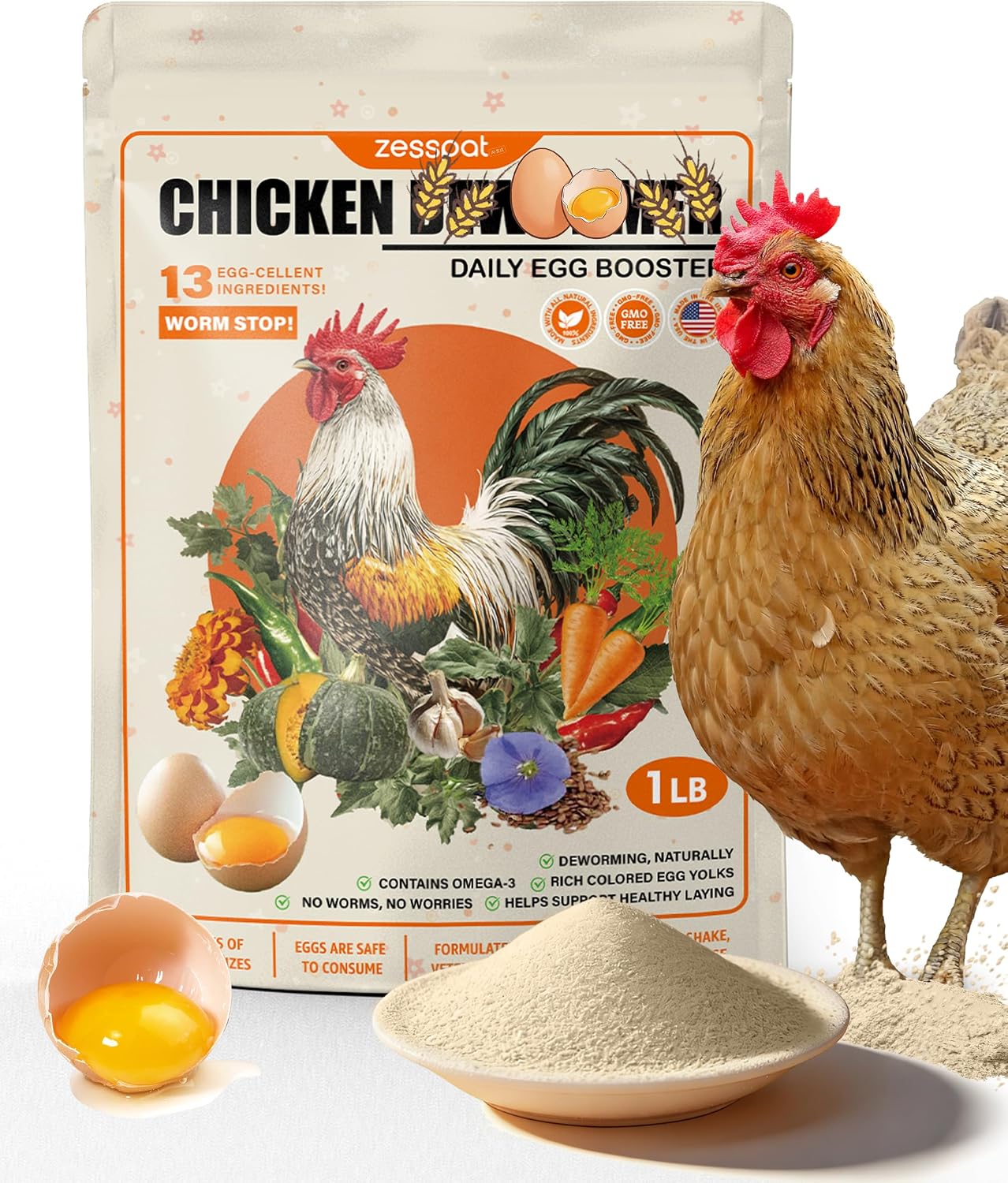 Natural Chicken Powder Chili Mix, 1 lb Herbal Feed Topper for Laying Hens, Egg-Safe Poultry, Daily Wellness Feed Topper, Garlic Pumpkin Seed Wormwood, Marigold Turmeric for Golden Yolks