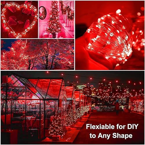 Miniatura 9 de QITONG Paquete de 2 luces solares rojas cadena de luces solares para exteriores impermeables de 33 pies 100 LED 8 modos de alambre plateado luces