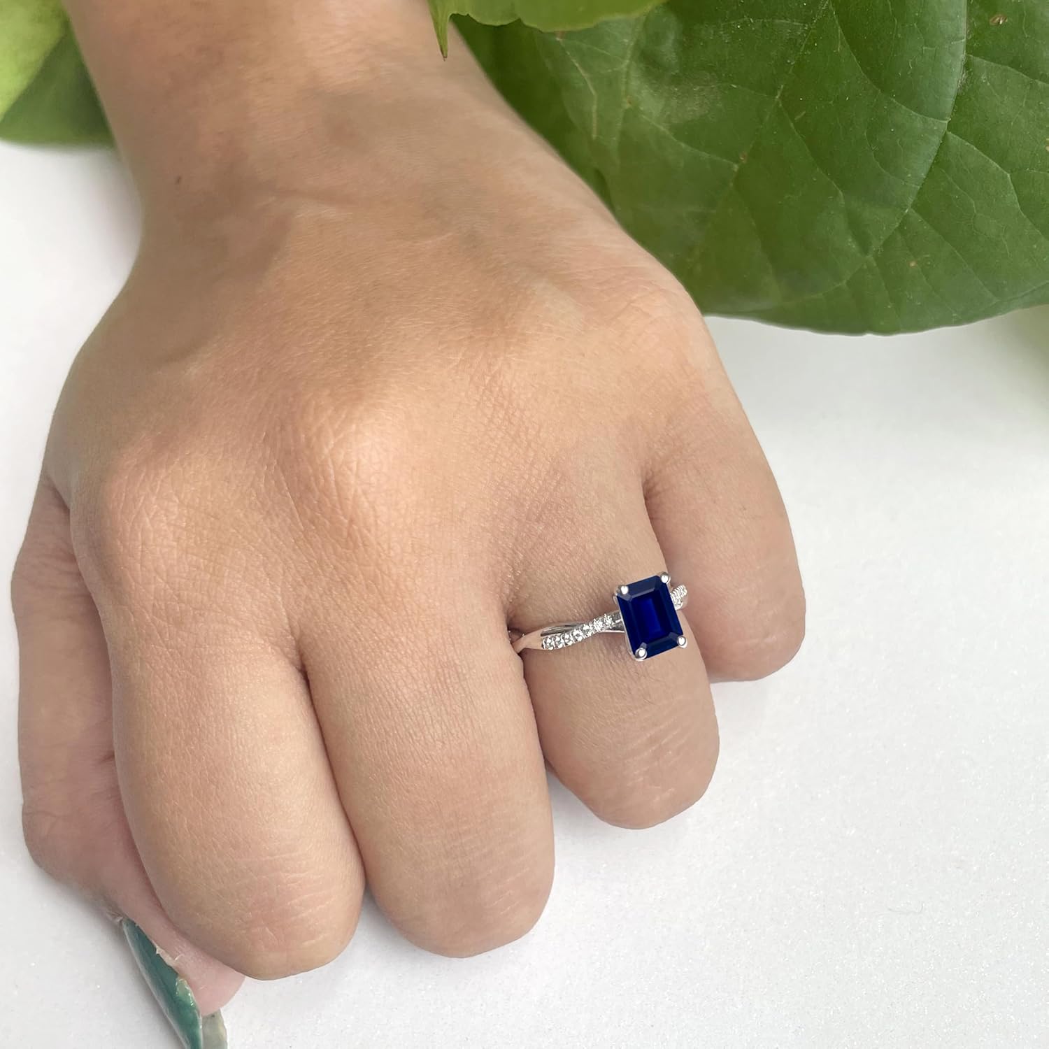 1 Carat Emerald Cut Blue Sapphire & Diamond Twisted Solitaire With Accent Engagement Ring For Women, 14K Gold Plated 925 Silver September Birthstone Swirl Bypass Bridal Side Stone Ring