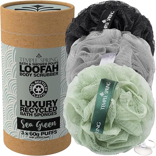 Miniatura 11 de Temple Spring Esponjas de luffa recicladas, accesorios de ducha de baño, esponja de baño de lufa, exfoliante corporal exfoliante, puf exfoliante