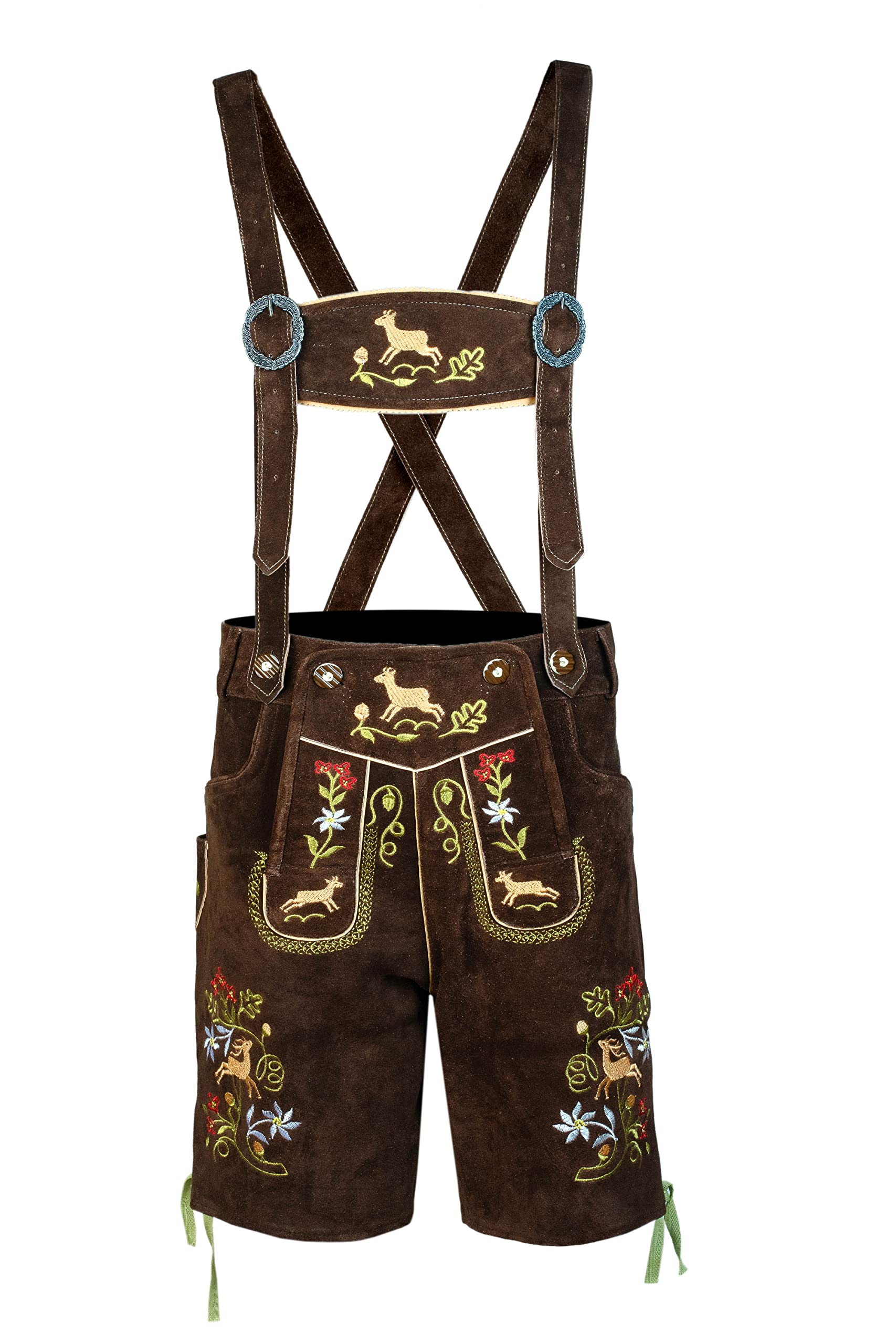 Bavarianland Men's Lederhosen Real Suede Leather with Matching Suspenders Shorts (UK 44 inch/EU 60, Brown with Multicolor Embroidery) — image 1
