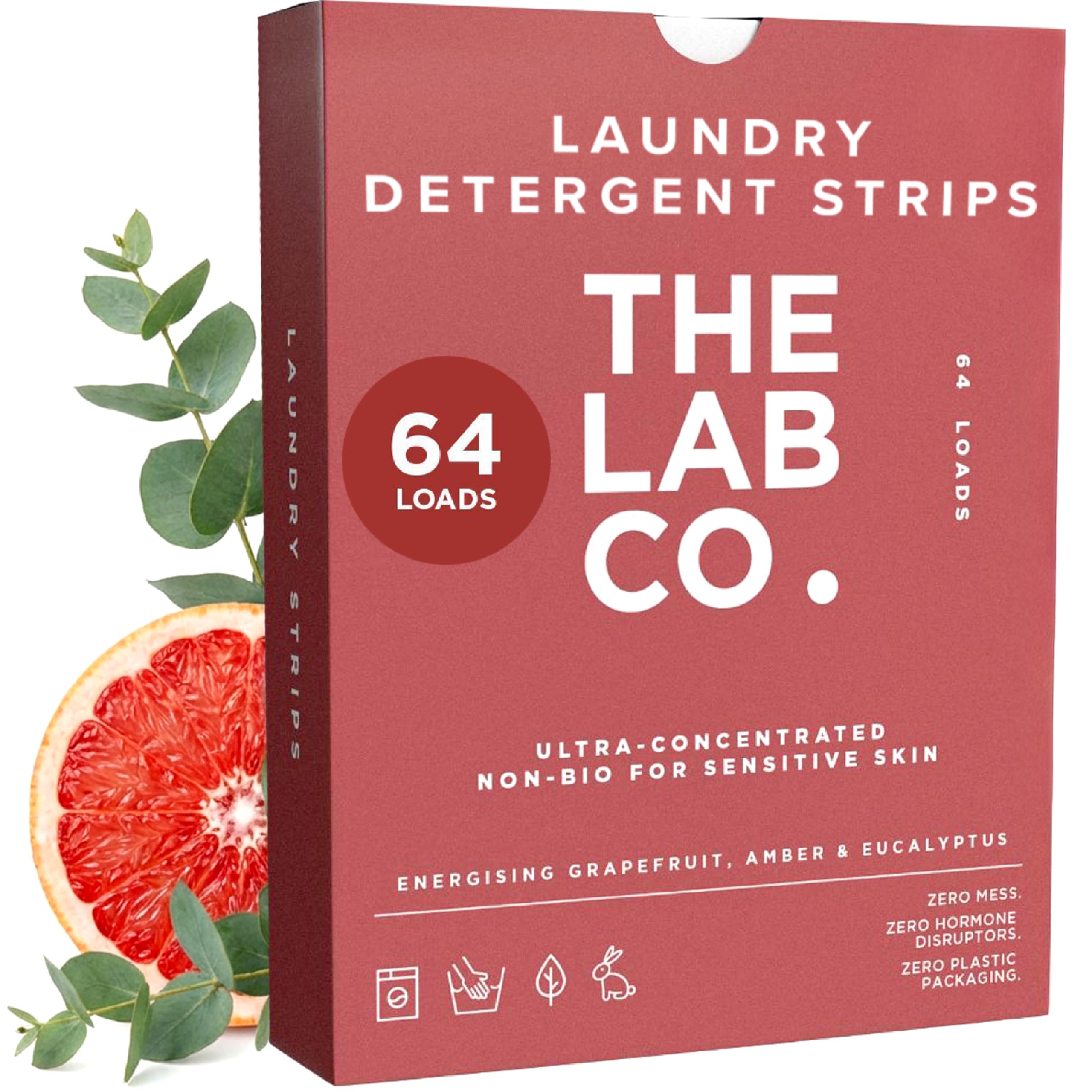 The Lab Co. Laundry Detergent Strips Washing Sheets | Eco Ultra-Concentrated | Non-Bio for Sensitive Skin | Non-Toxic Fragrance | EDC-Free | Lab-Tested | Energising Grapefruit Amber | 64 Loads