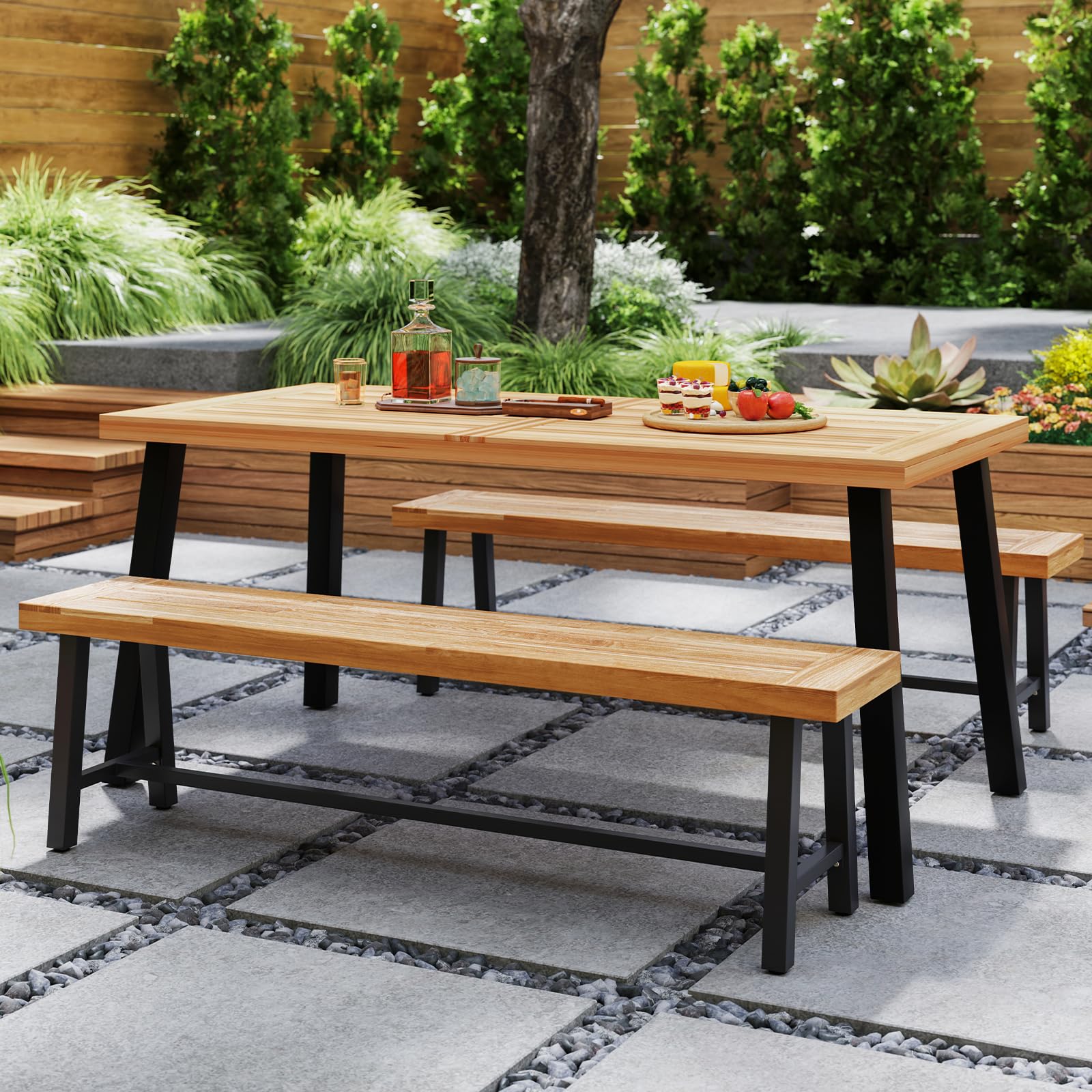 GIANTEX Banc de Jardin en Bois d'Acacia 160 x 32 x 45 CM, 3-4 Places Banquette d'Exterieure avec Barres de Support, Pieds Réglables, Charge 320 KG, Assise Large pour Terrasse, Parc (2)