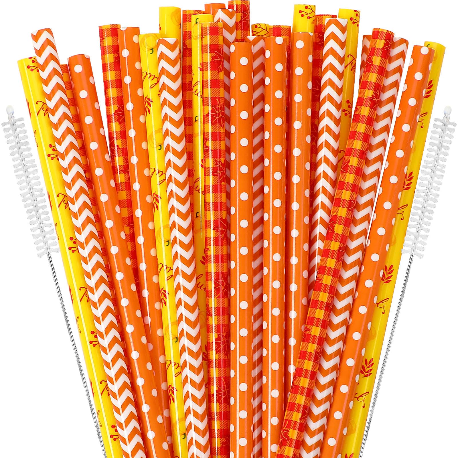 JANYUN 30 Pieces Fall Straws, 9inch Hard Platic Reusable Thanksgiving Drinking Straws Autumn Maple Leaf Pumpkin Straw for Family Party Favors Supplies Cleaning Brush (Orange & Yellow)