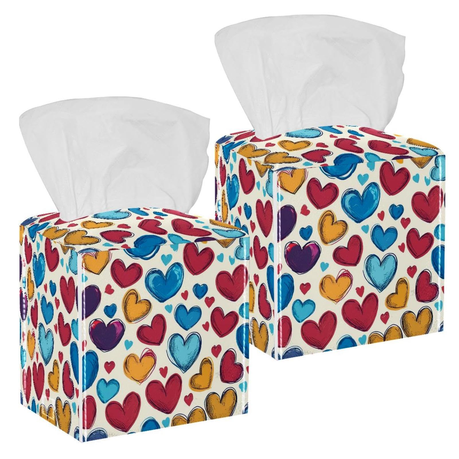 Heart of Love Tissue Box Cover, 2 Pack PU Leather Square Facial Tissue Dispenser Box holder for Home Office Car