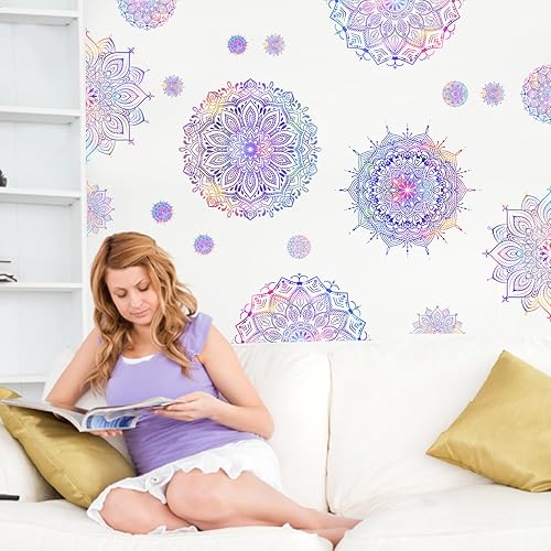 Miniatura 21 de Kazova Calcomanía de pared de mandala, calcomanías de pared de mandala de loto, calcomanías de pared de flores extraíbles para despegar y pegar