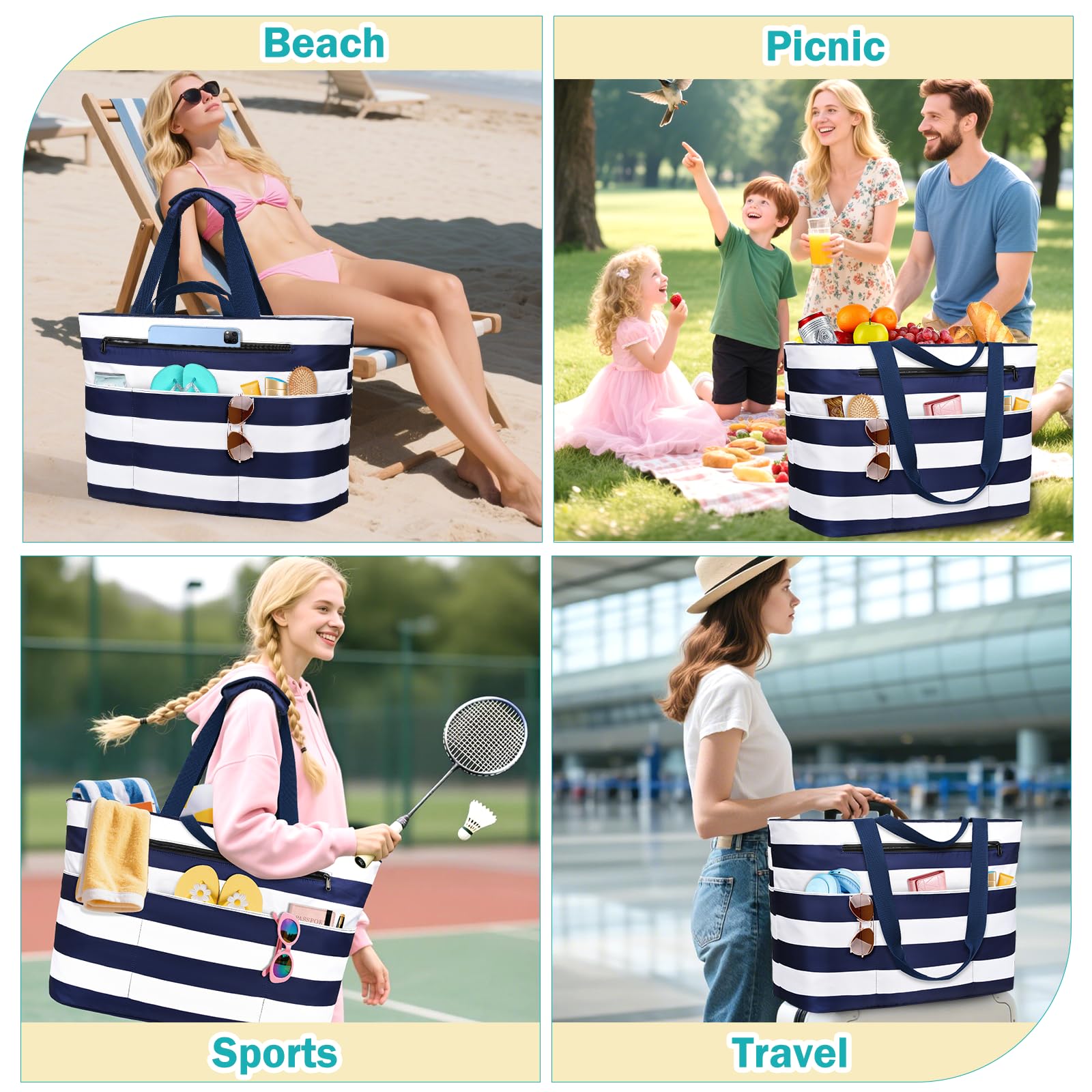 Sac De Plage Femme, Grand Sac Plage Avec Fermeture Éclair Xxl Family Bag Imperméable Pliable Beach Bag Cabas Femme Pour Piscine, Shopping, Vacances. 50L,Rayures bleu-blanc