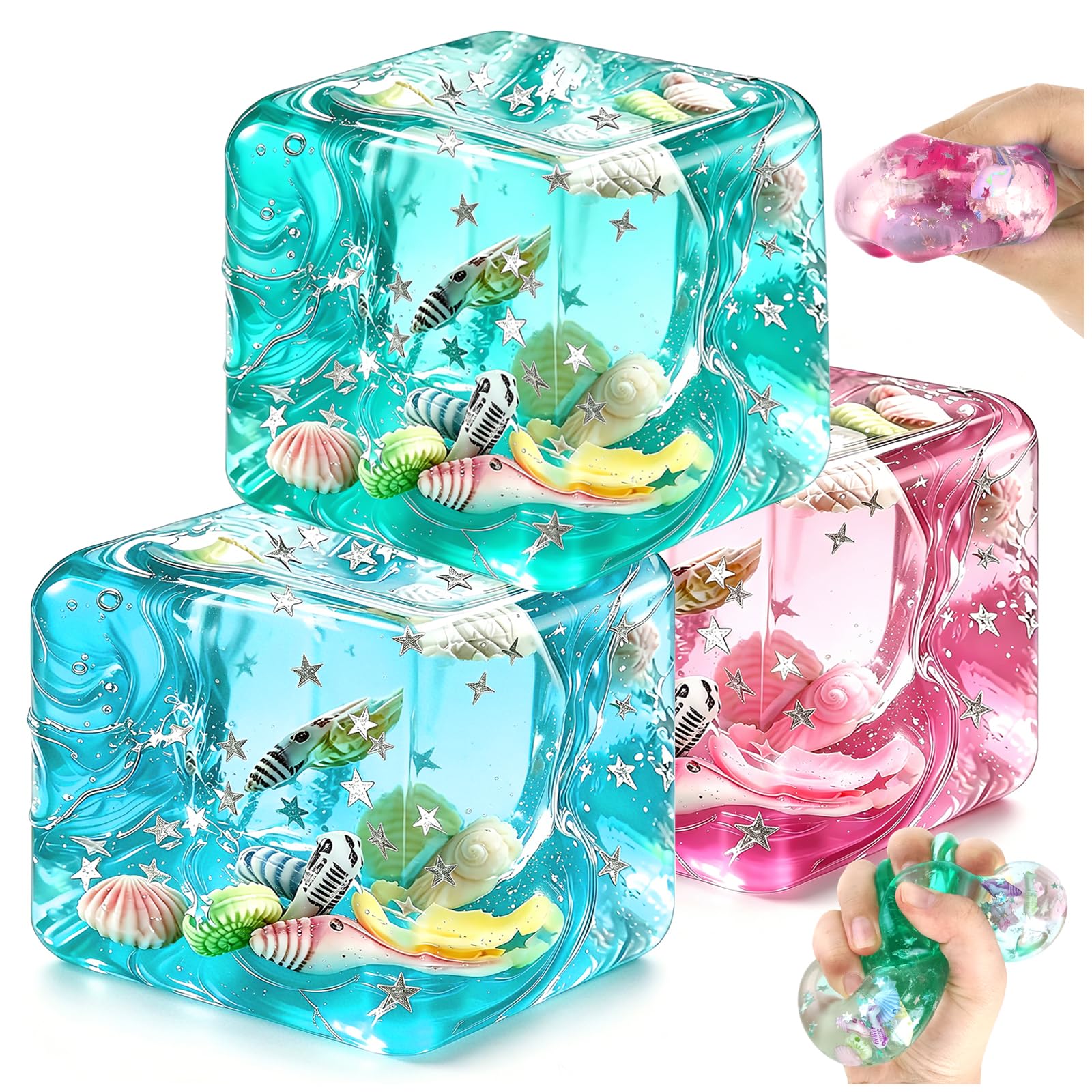 Squishy Cube Squeeze Toys, 3 Pack Ice Cube Squishy Sensory Toys with Floating Ocean Shells & Stars, Stress Relief Toys , Office Desk Toy, Nice Cube Fidget Toy for Adults and Teens â image 1