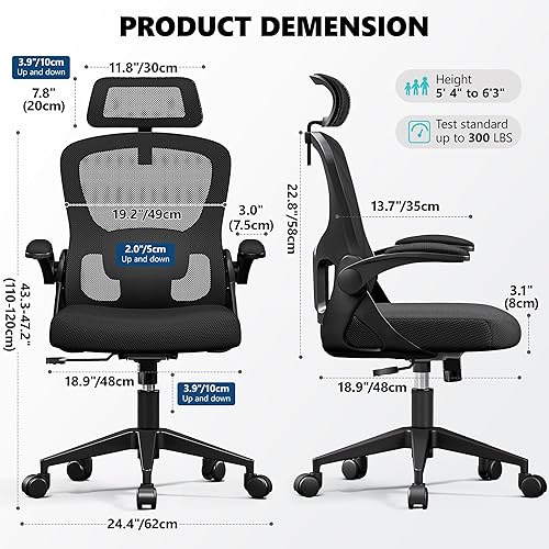 Miniatura 3 de Silla de oficina ergonómica, silla de escritorio de malla con reposacabezas ajustable y soporte lumbar, silla de computadora con ruedas con