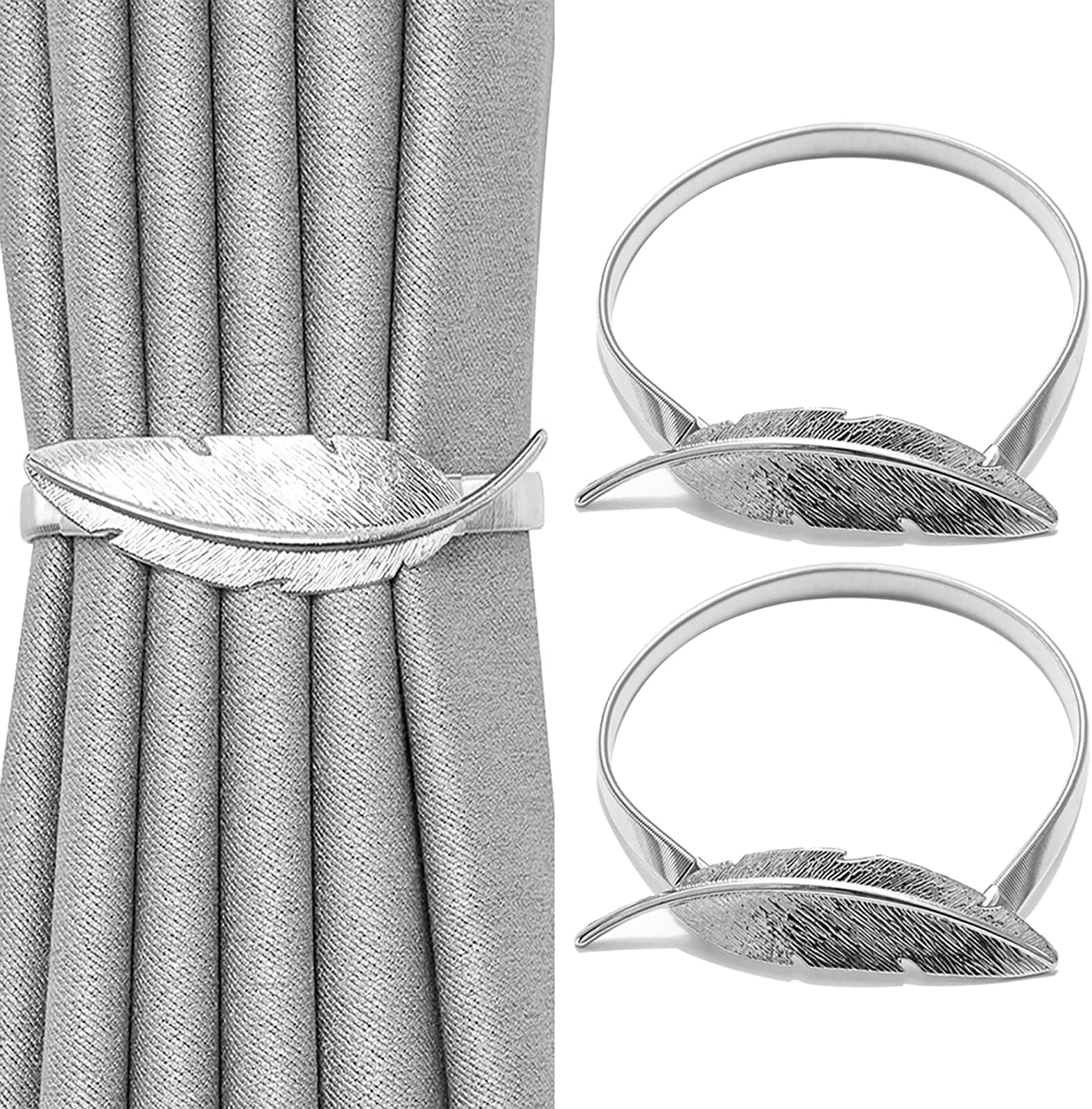 HHONGDU 2 Pcs Silver Feather Curtain Tie backs Metal TieBacks Elastic Adjustable Rope Curtains Hold Holdbacks for Home Office Hotel Window Drape Deco