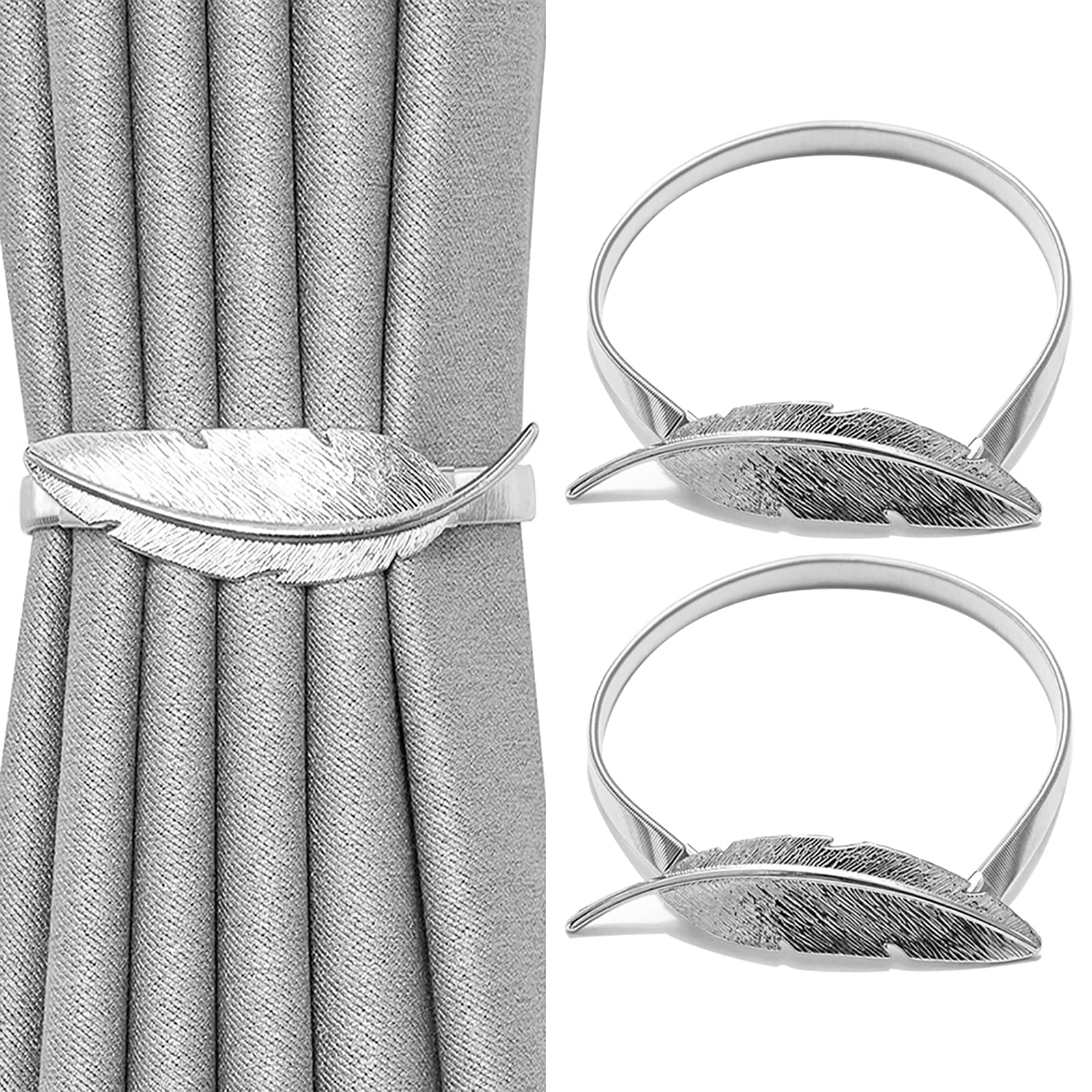 HHONGDU 2 Pcs Silver Feather Curtain Tie backs Metal TieBacks Elastic Adjustable Rope Curtains Hold Holdbacks for Home Office Hotel Window Drape Deco