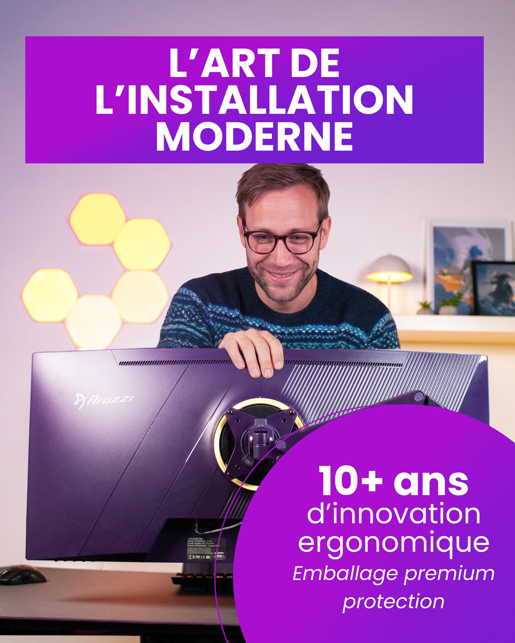 Arozzi Alzare Neo Single Bras Moniteur Ressort à Gaz - Pleine Mobilité, Hauteur Réglable 21–50 cm, VESA 75/100, Gestion des Câbles - Pince de Bureau & Passe-Câble Inclus - Jusqu'à 9 kg - Violet