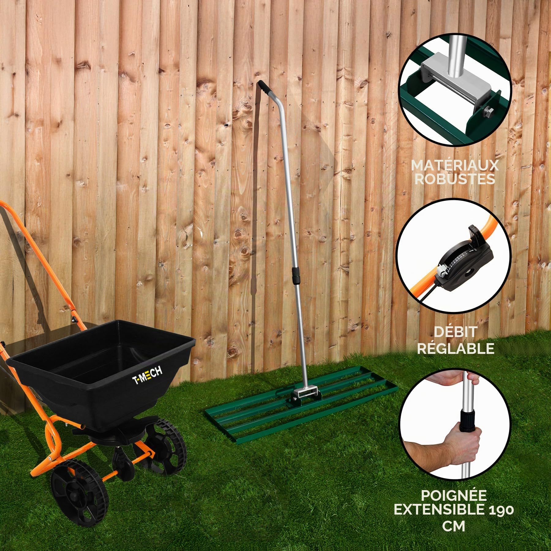 Niveleur de Pelouse & Épandeur Rotatif 100 cm x 32cm (Vert) Engrais Râteau Nivellement Jardin Lute Manche Extensible 1,15-1,9m Prise Facile Capacité 25kg Gravier Sable Graine Housse De Pluie & Gants