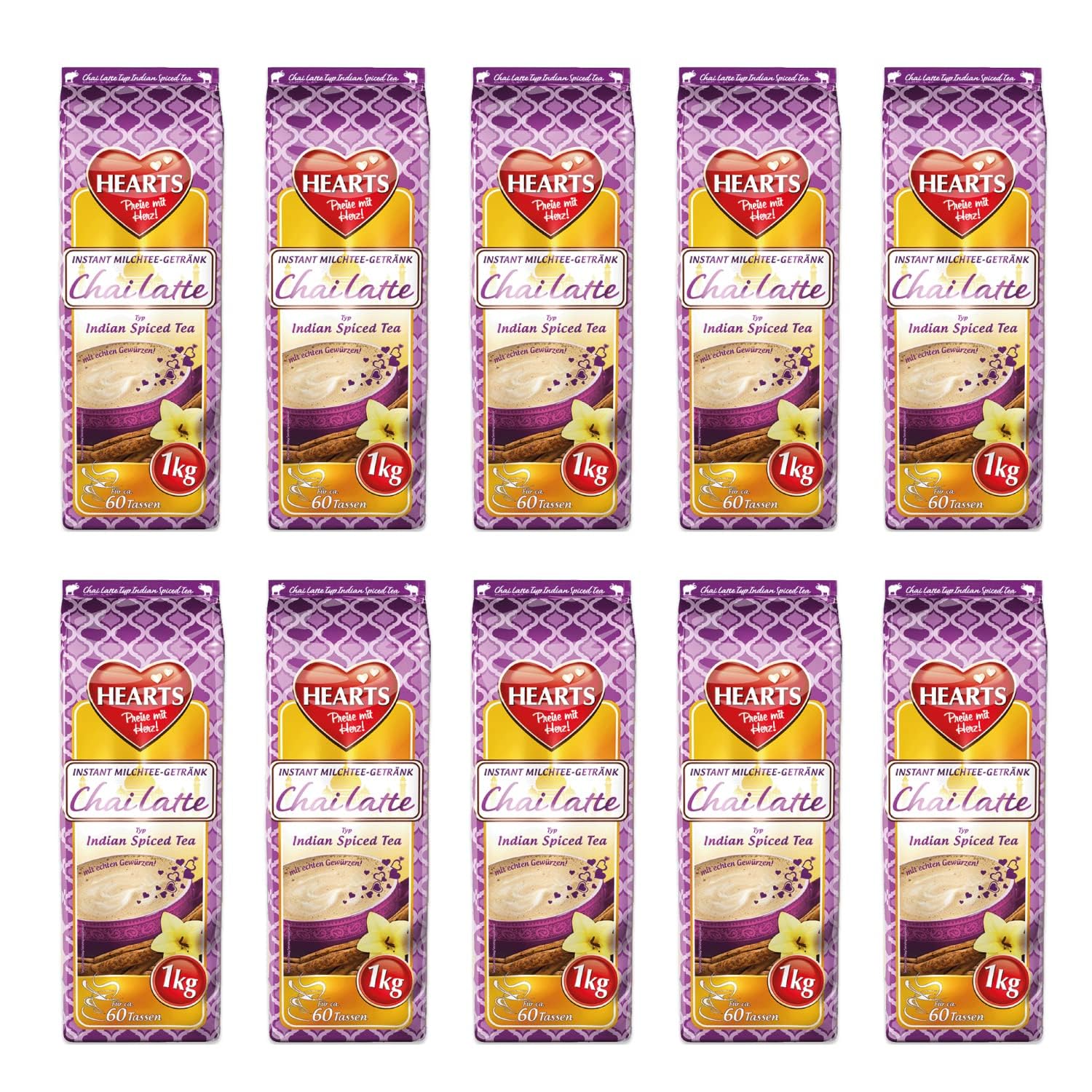 HEARTS Chai Latte 10 x 1kg - Vorteilspack - Instant Milchtee Pulver - Spiced Tea Getränkepulver für Gastro/Zuhause, einfache Zubereitung - reicht für 600 Tassen