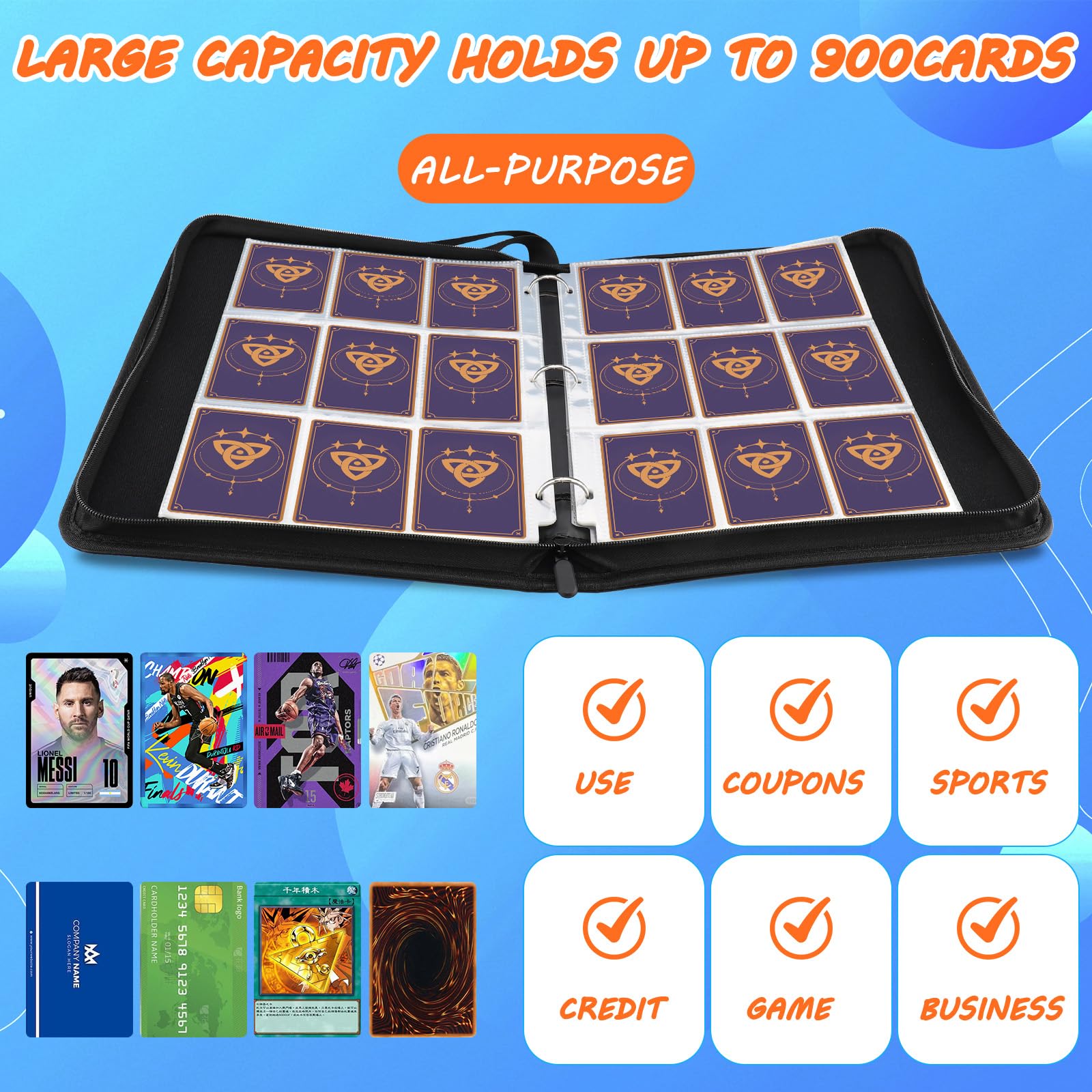 Album Carte per Pokémon, Raccoglitore con 900 Tasche Trasparenti, Porta Carte Collezionabili Impermeabile con Cerniera, YuGiOh, Regalo Perfetto per Bambini e Collezionisti