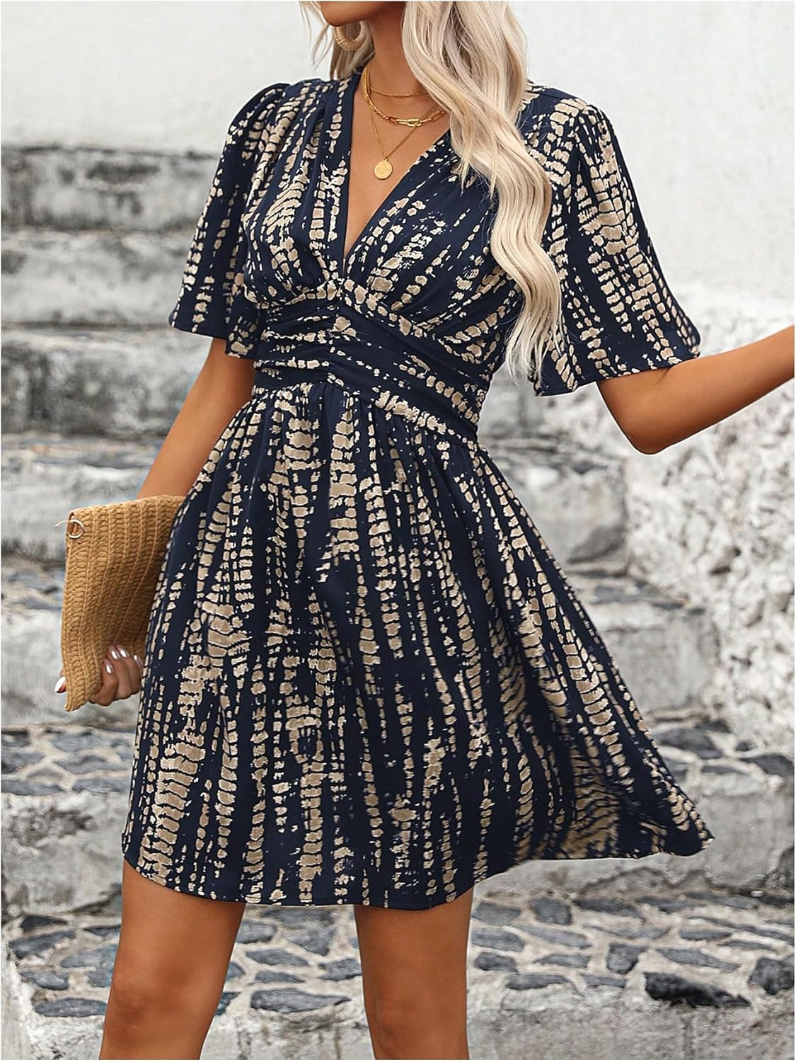 Floerns Women's Snakeskin Print V Neck Short Dress Flutter Sleeve A Line Flowy Dresses - Image 5